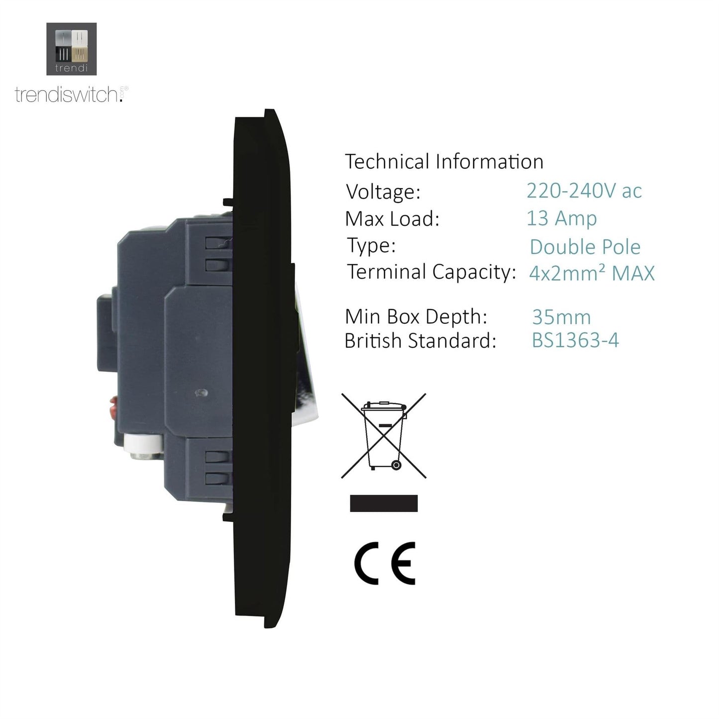 Trendi Switch 13 Amp Fused Spur with Flex Outletin Piano Black