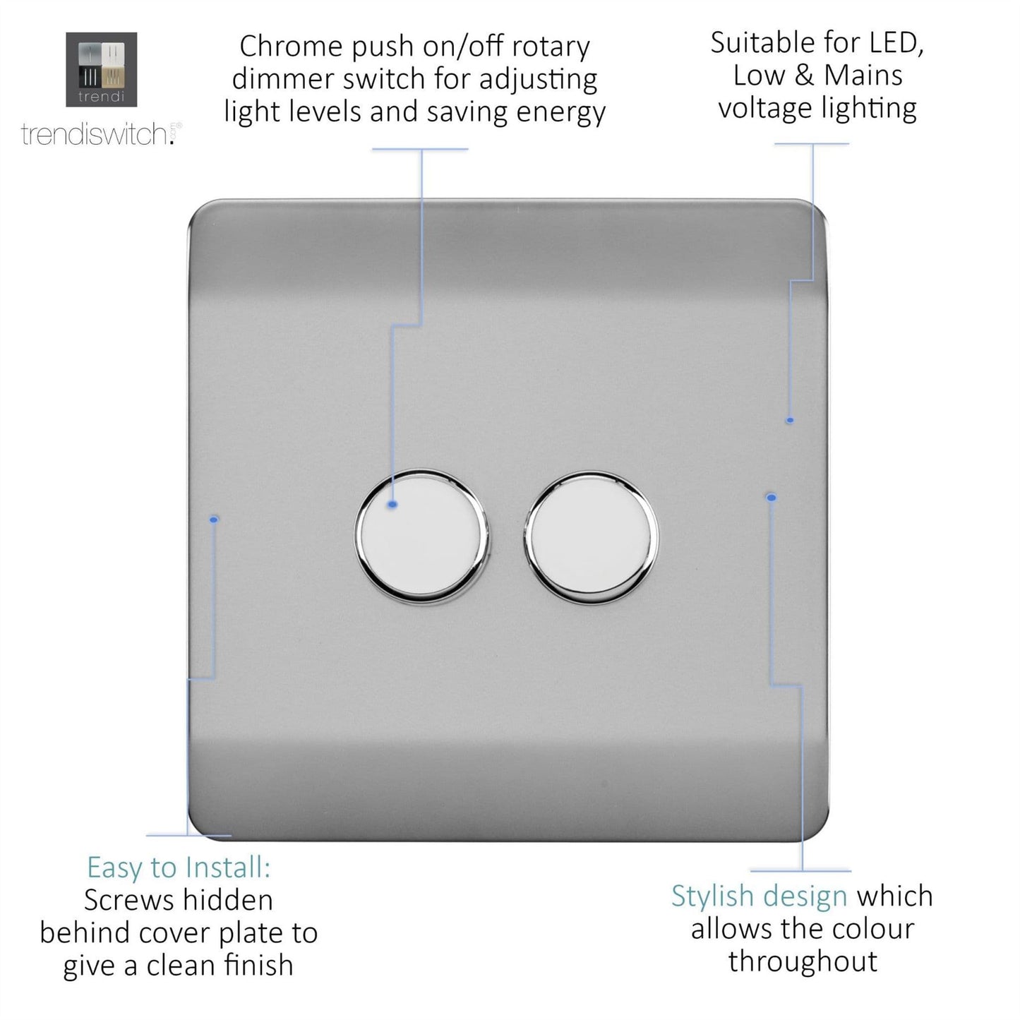 Trendi Switch 2 Gang 1 or 2 way 150w Rotary LED Dimmer Light Switchin Brushed Steel