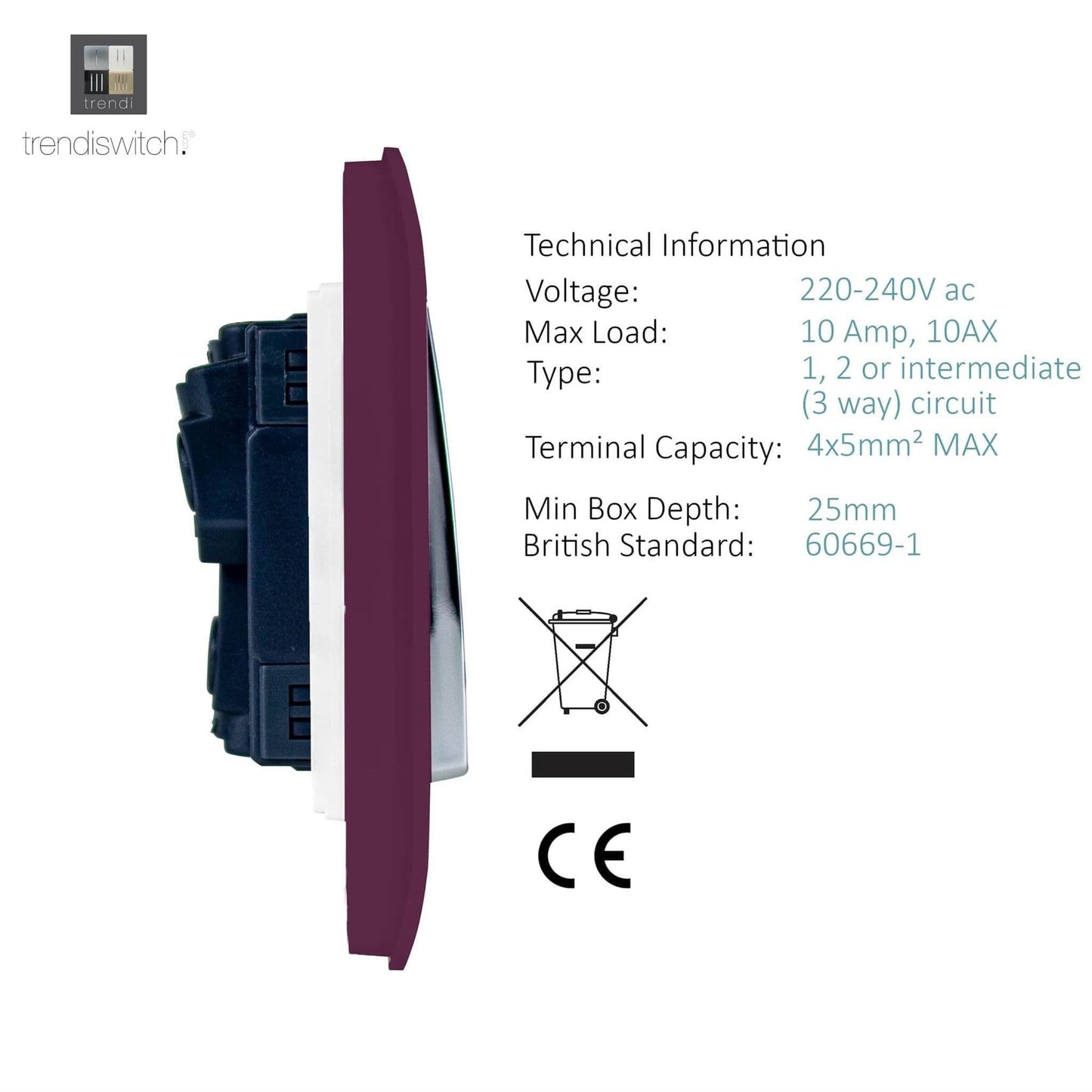Trendi Switch 4 Gang Light Switch (1x 1 or 2 Way & 3 x Intermediate)in Plum Purple