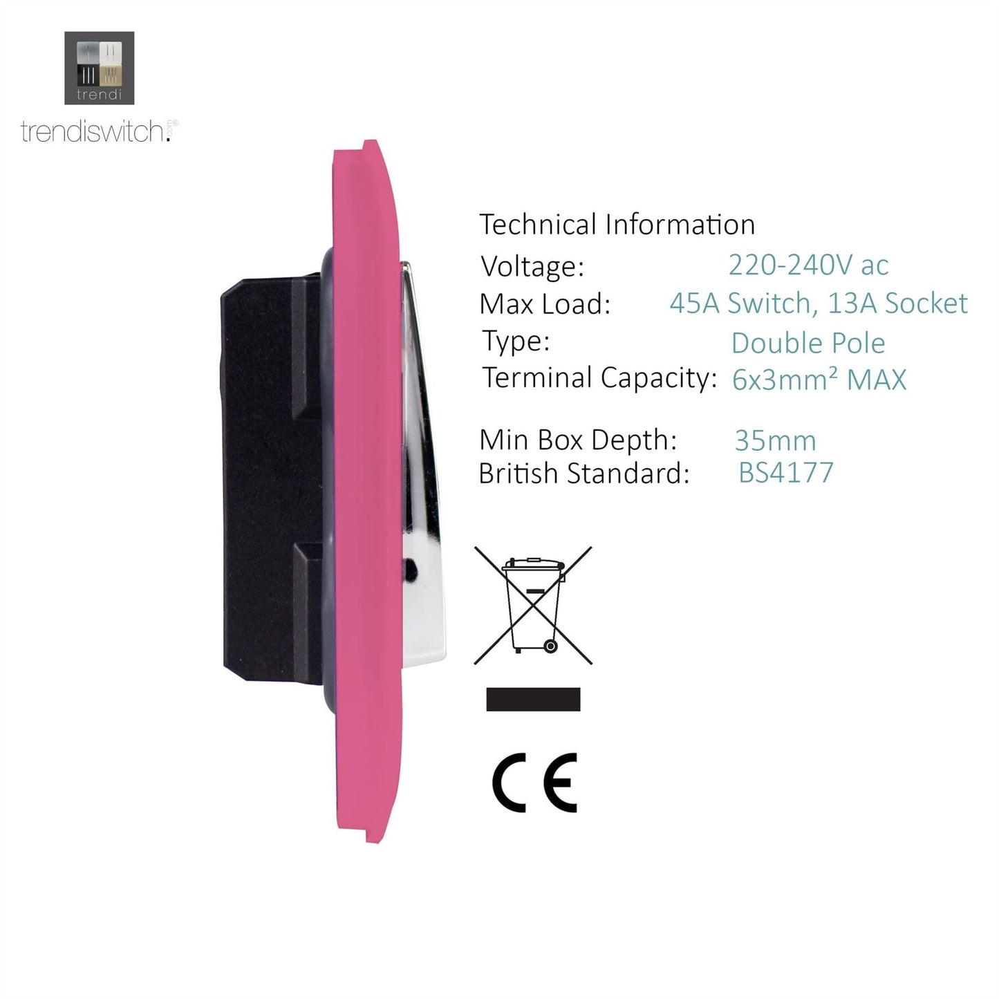 Trendi Switch 45 Amp Cooker Switch & 13 Amp Plug Socket with Neonin Candy Pink