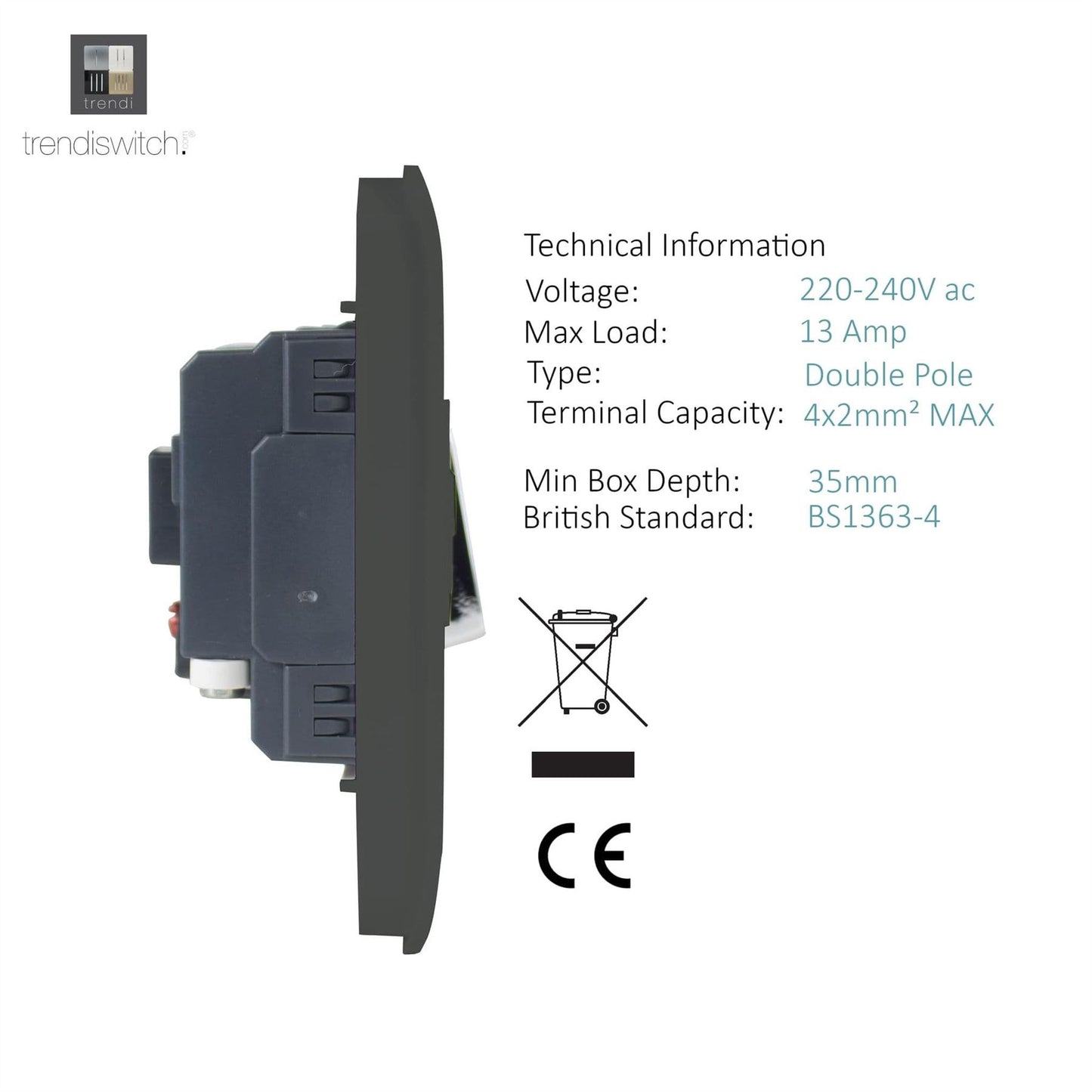 Trendi Switch 13 Amp Fused Spur with Flex Outletin Charcoal Grey
