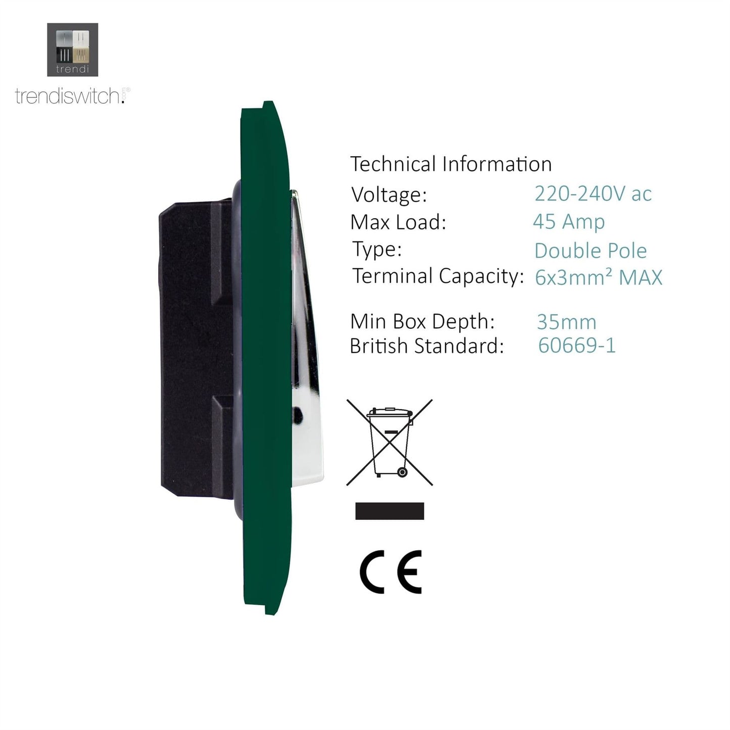 Trendi Switch 1 Gang 45 Amp Cooker Switch with Neonin Dark Forest Green