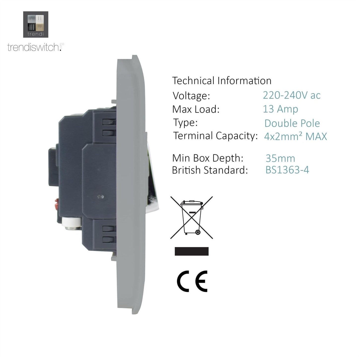 Trendi Switch 13 Amp Fused Spur with Flex Outletin Platinum Silver