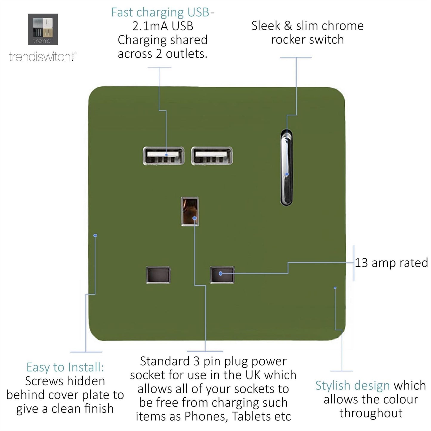 Trendi Switch 1 Gang USB 2100mA Plug Socketin Moss Green