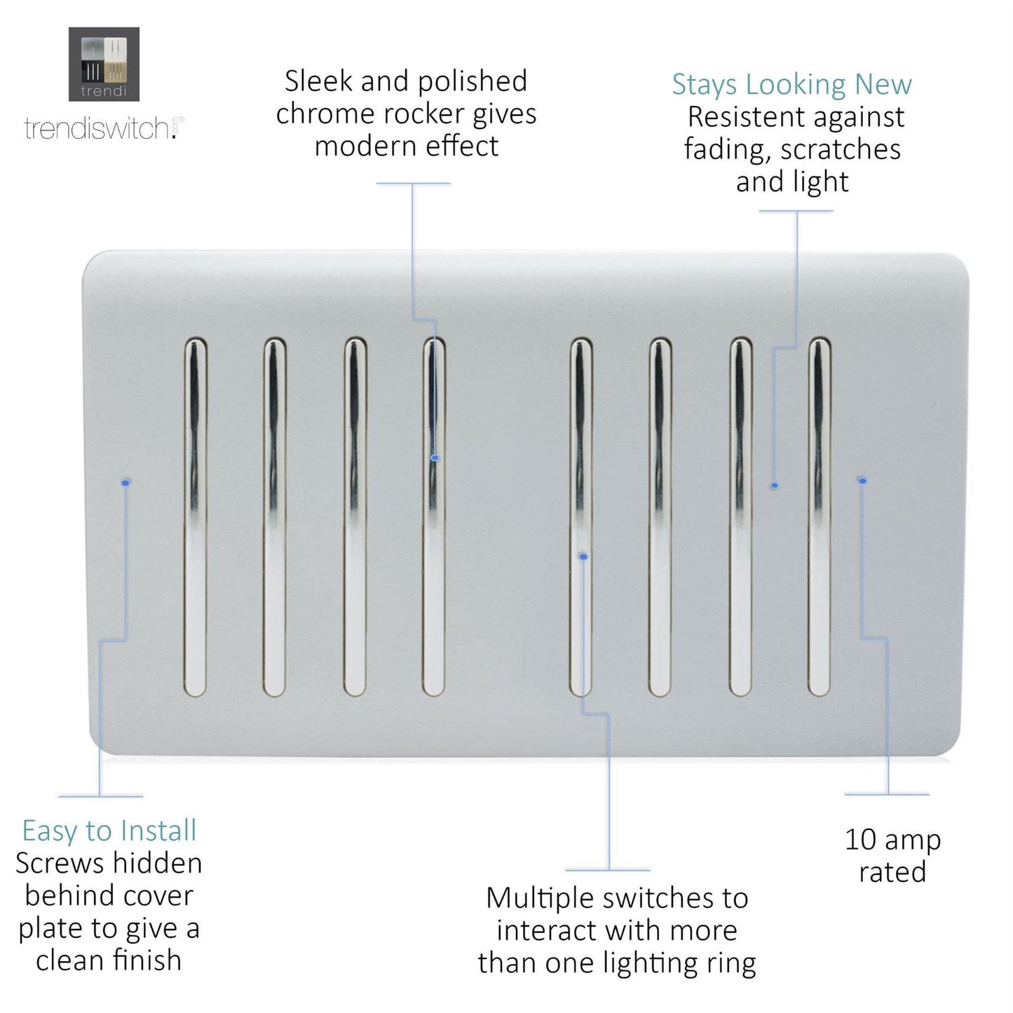 Trendi Switch 8 Gang 1 or 2 Way Light Switchin Platinum Silver