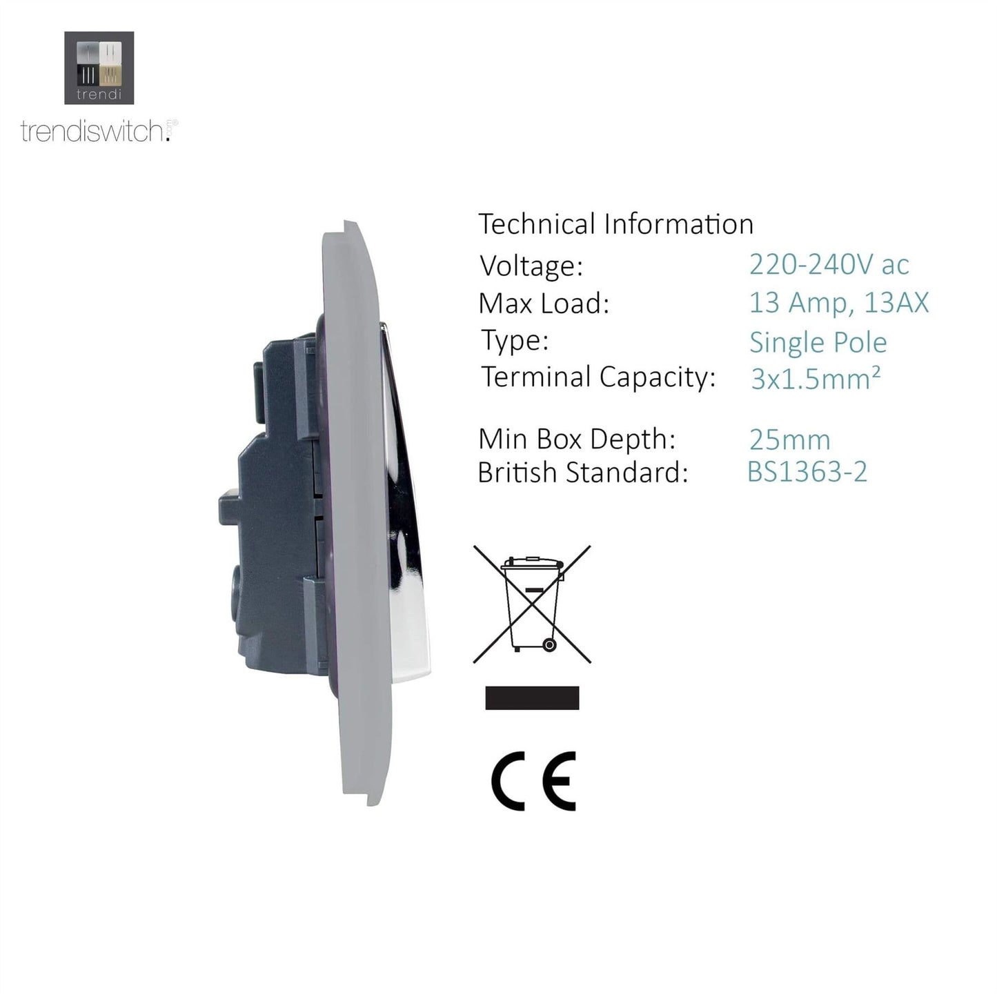 Trendi Switch 1 Gang 13 Amp Switched Plug Socketin Brushed Steel