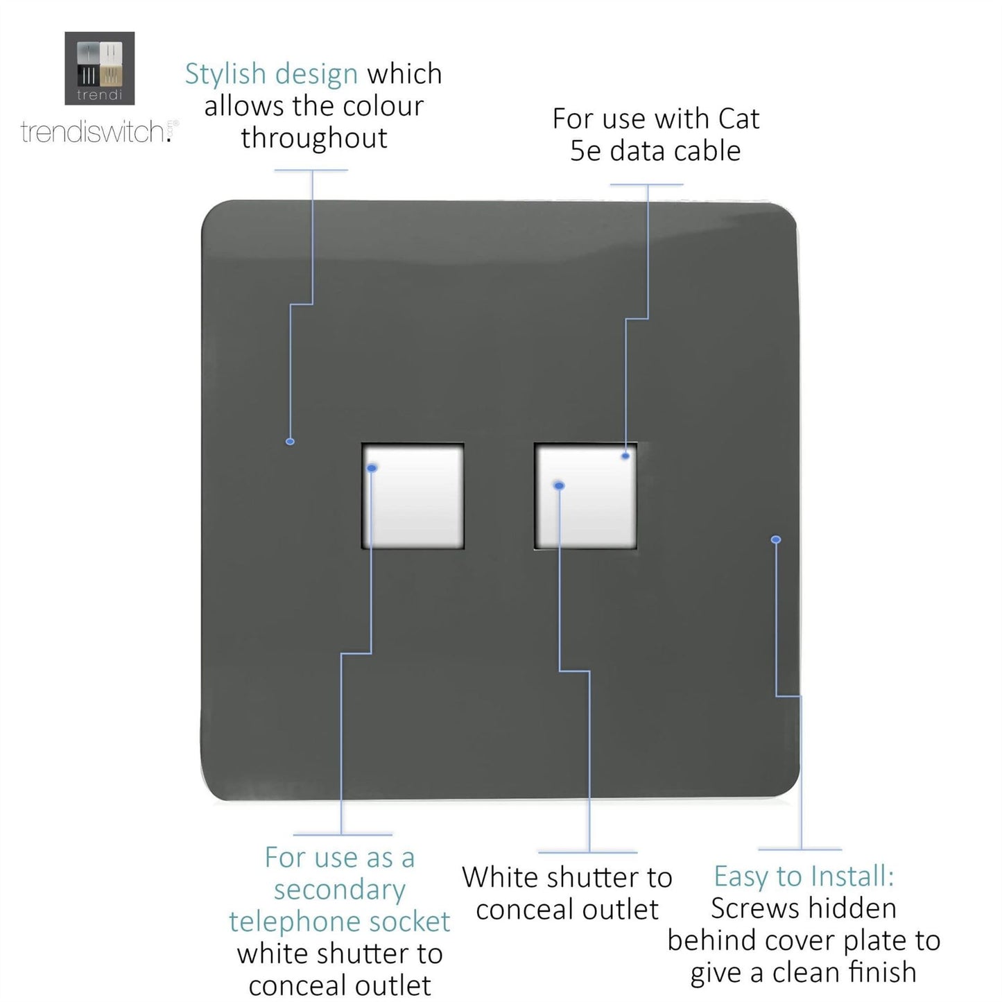 Trendi Switch 2 Gang RJ45 Cat 5e PC Ethernet & Telephone Slave Socketsin Charcoal Grey