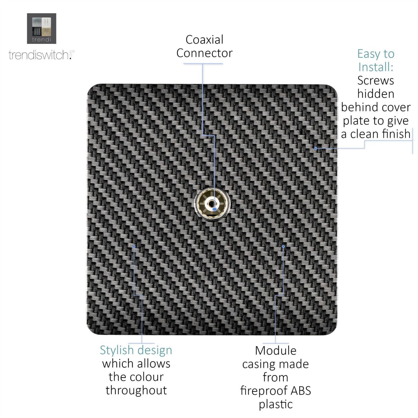 Trendi Switch 1 Gang Female Co-Axial Television Socketin Carbon Brushed Steel