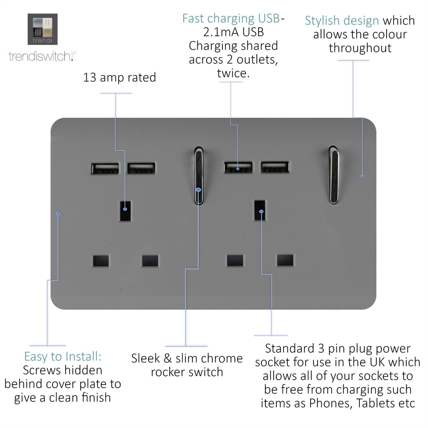 Trendi Switch 2 Gang 4 Port USB 2100mA Plug Socketin Light Grey