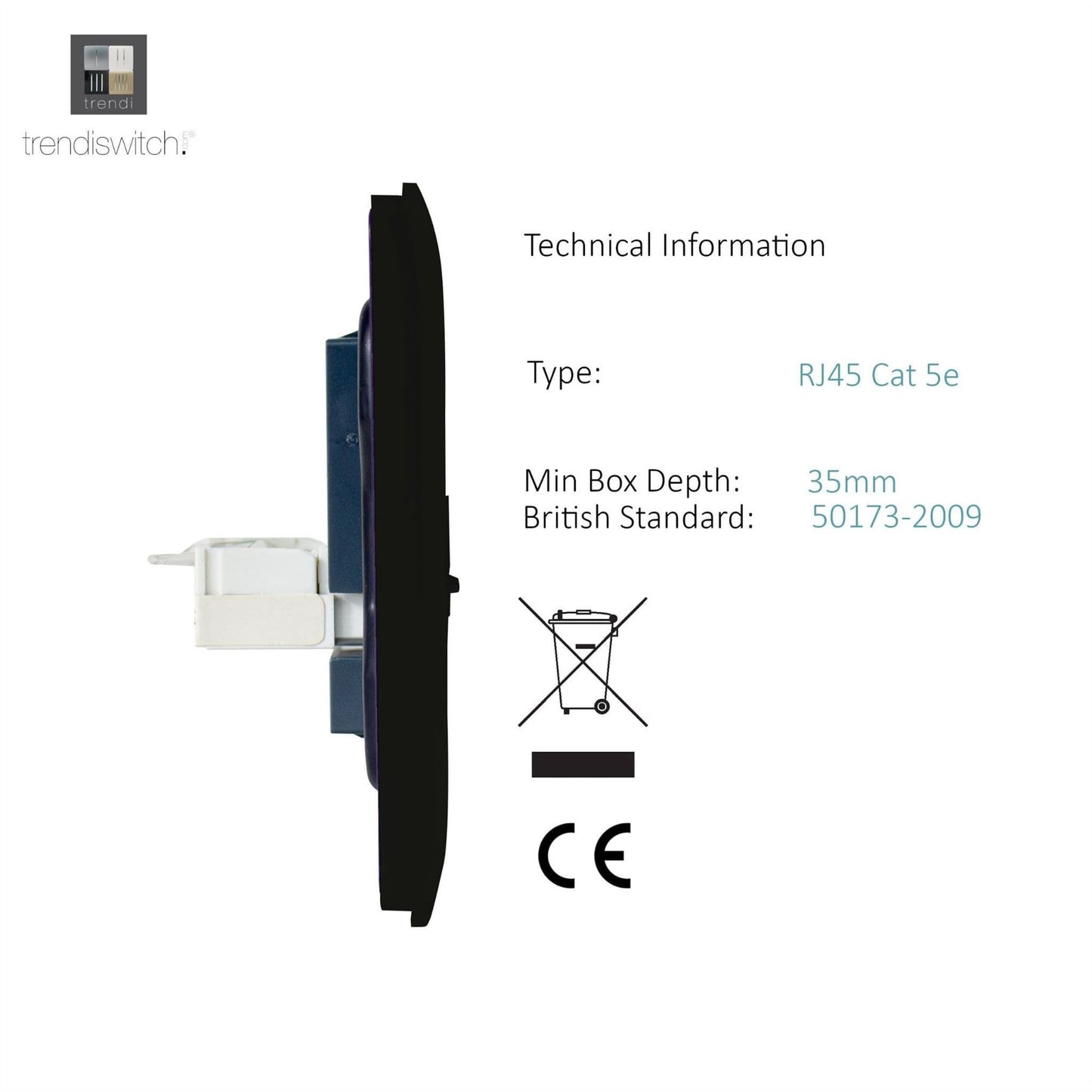 Trendi Switch 1 Gang RJ45 Cat 5e PC Ethernet Socketin Matt Black