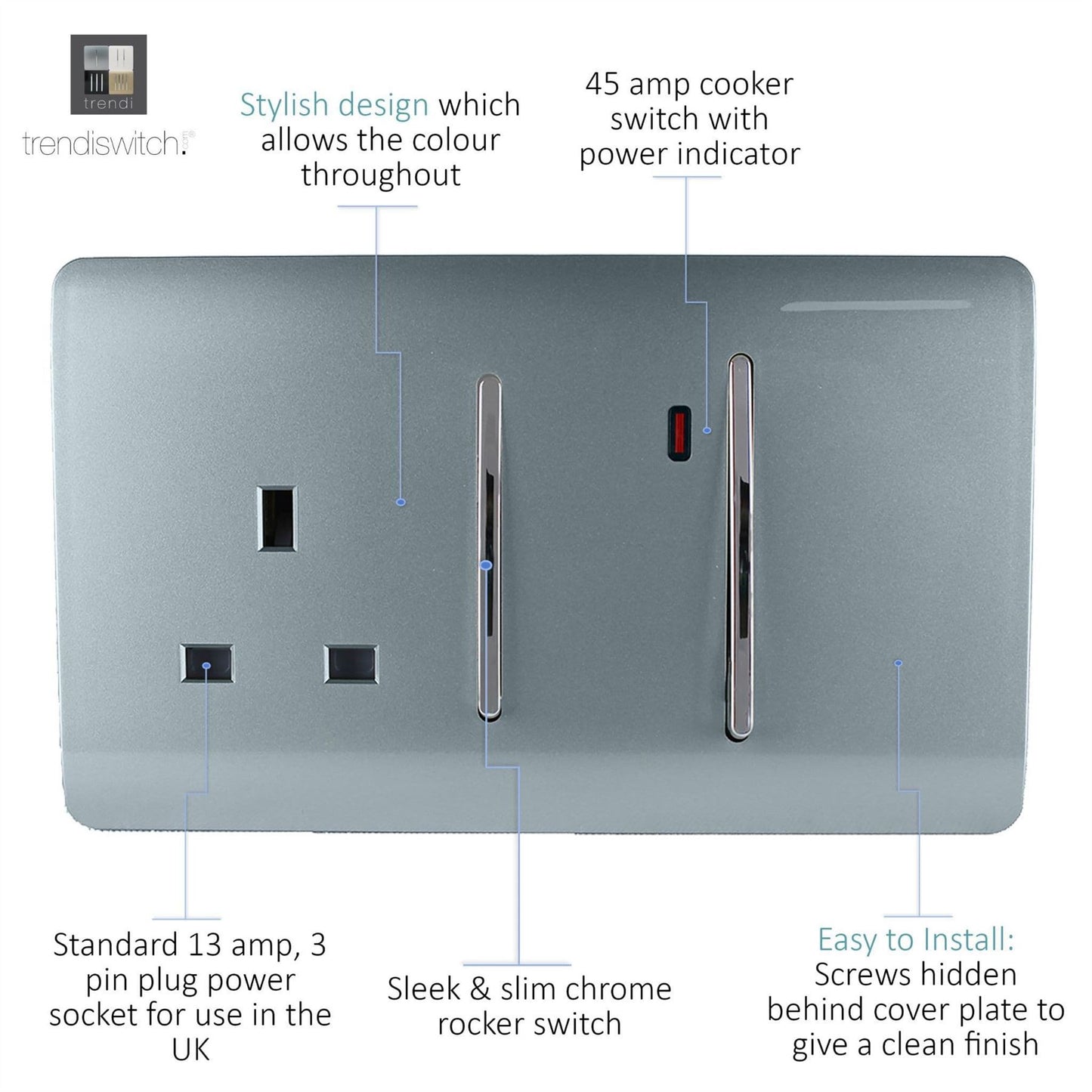 Trendi Switch 45 Amp Cooker Switch & 13 Amp Plug Socket with Neonin Cool Grey