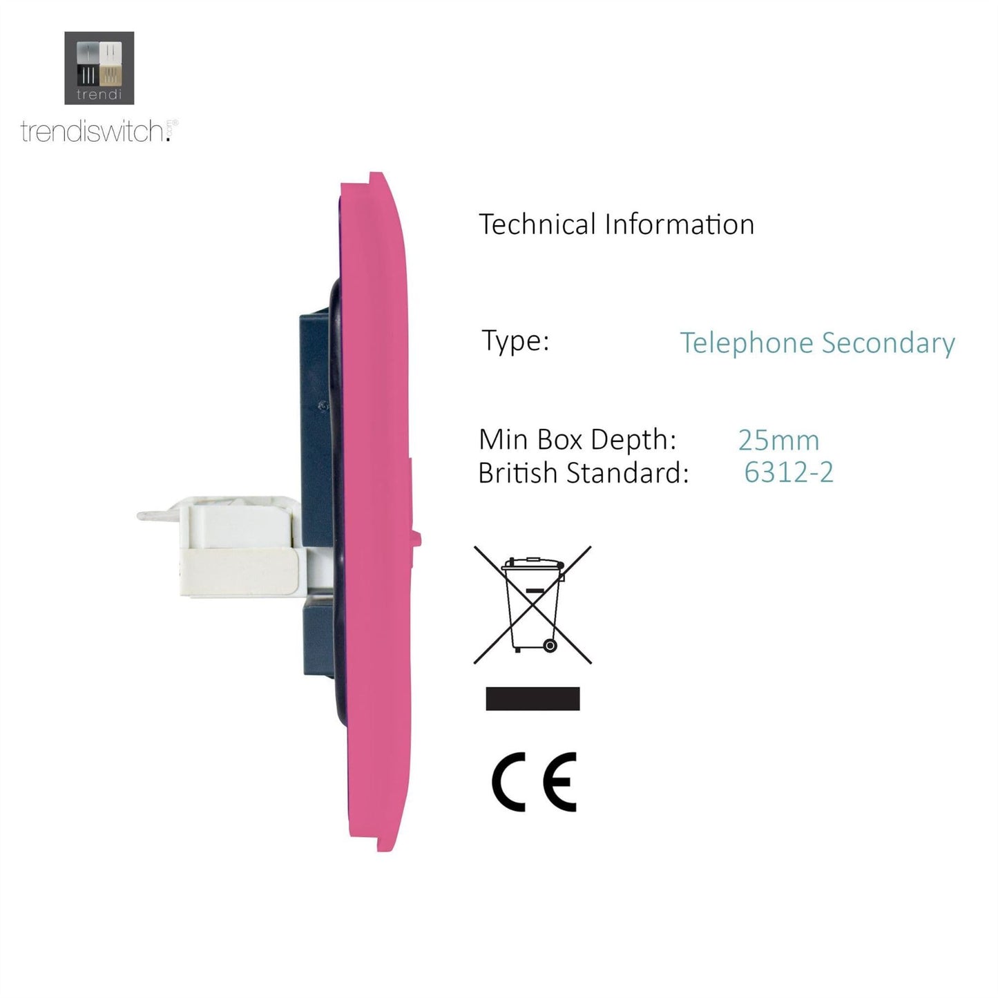 Trendi Switch 2 Gang Cat 3 Telephone Slave Socketin Candy Pink
