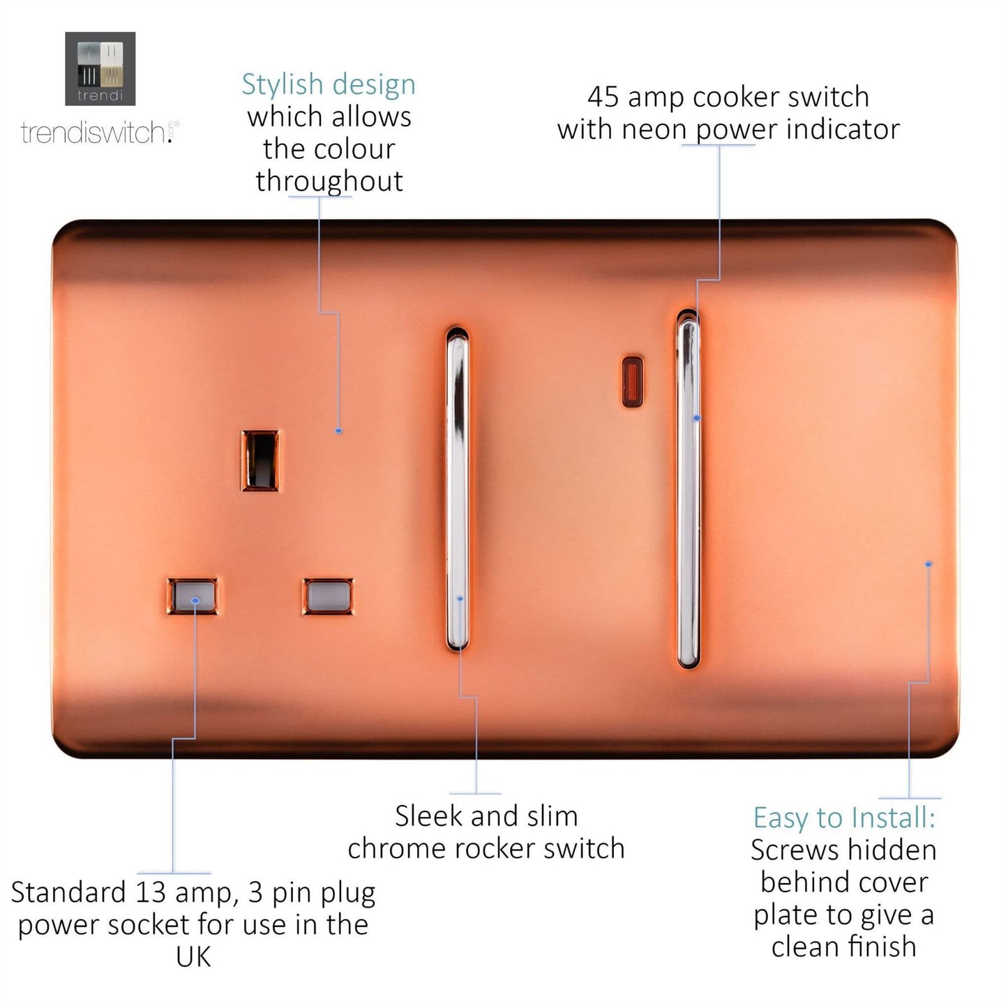 Trendi Switch 45 Amp Cooker Switch & 13 Amp Plug Socket with Neonin Copper