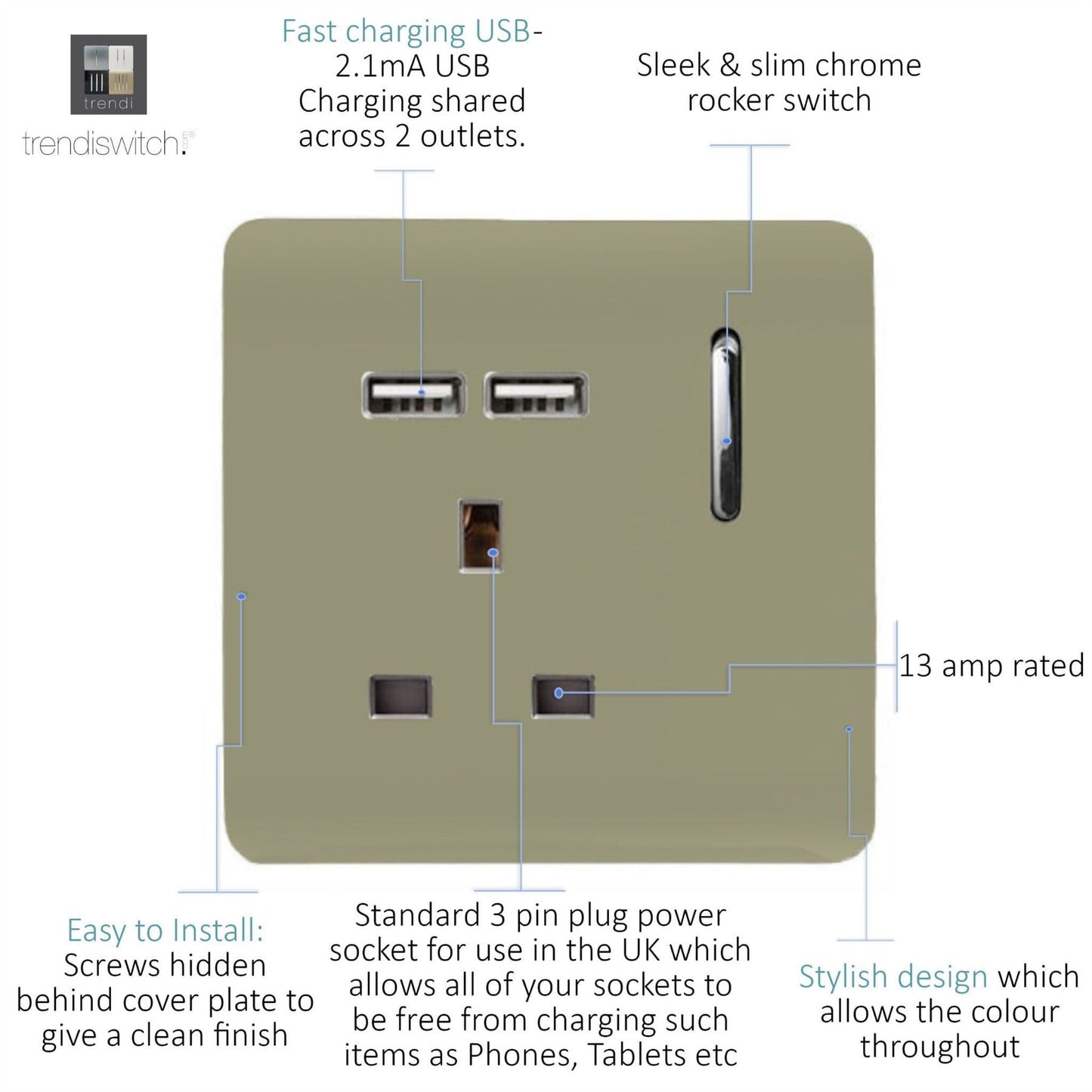 Trendi Switch 1 Gang USB 2100mA Plug Socket in Champagne Gold
