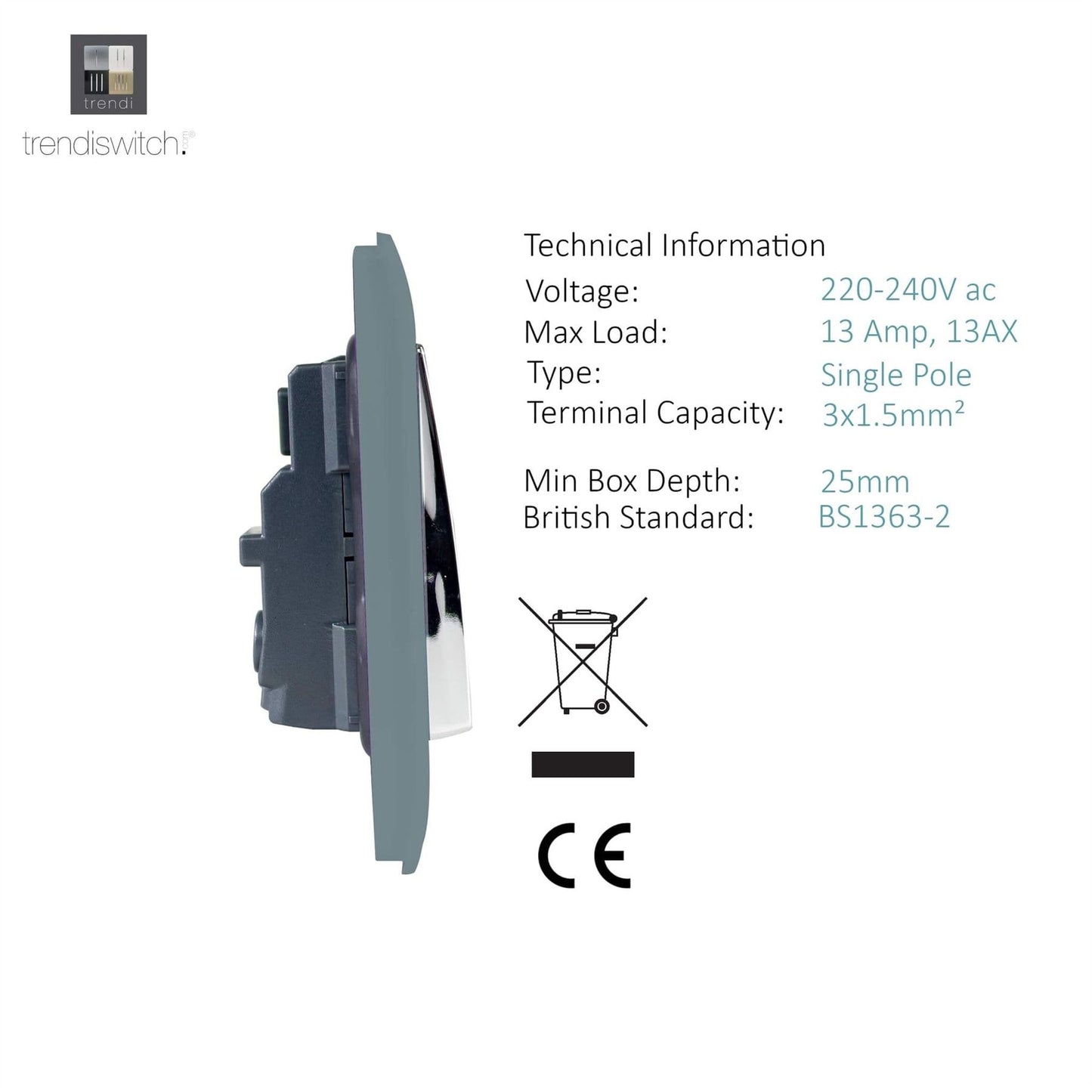 Trendi Switch 1 Gang 13 Amp Switched Plug Socketin Cool Grey