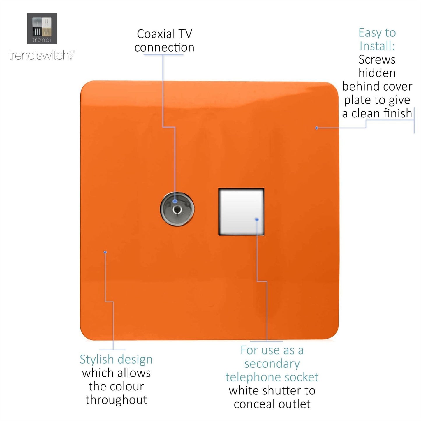 Trendi Switch 2 Gang Female TV Co-Axial & Telephone Slave Socketsin Sunset Orange