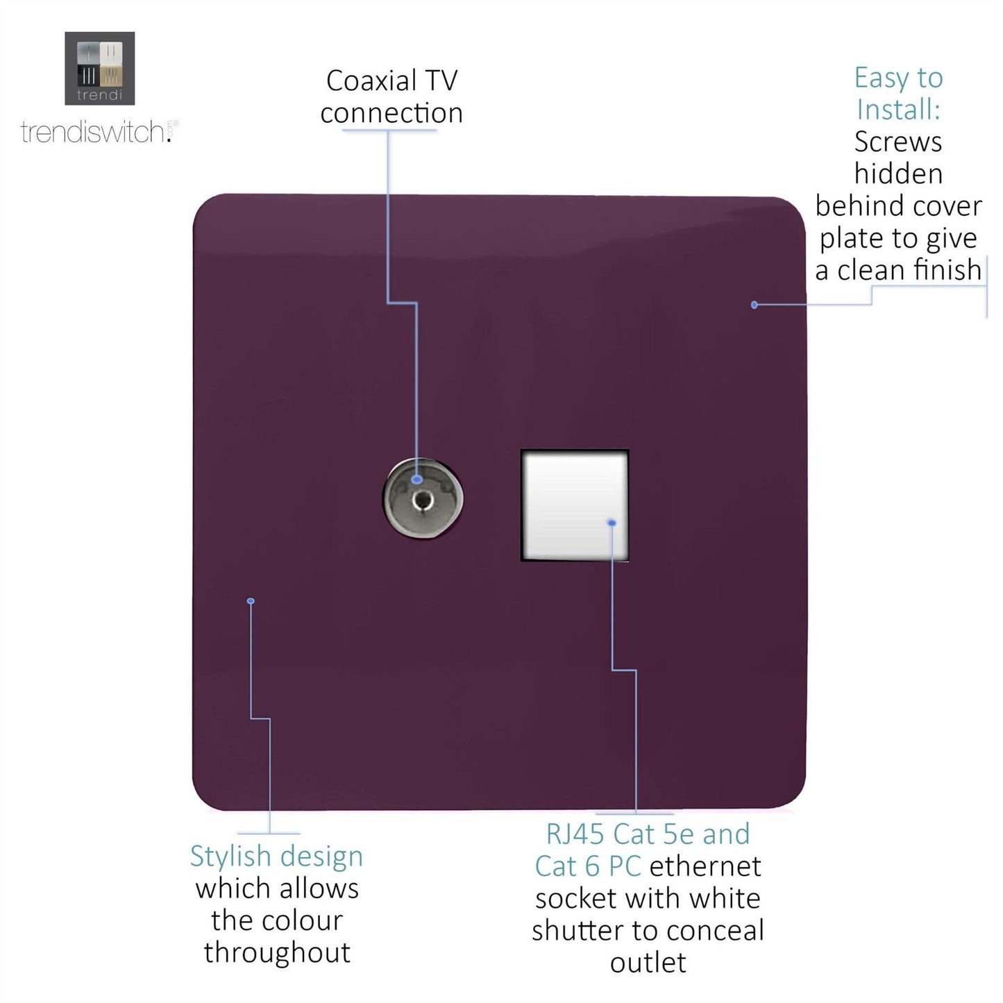 Trendi Switch 2 Gang Female TV Co-Axial & RJ45 Cat 5e PC Ethernet Socketsin Plum Purple
