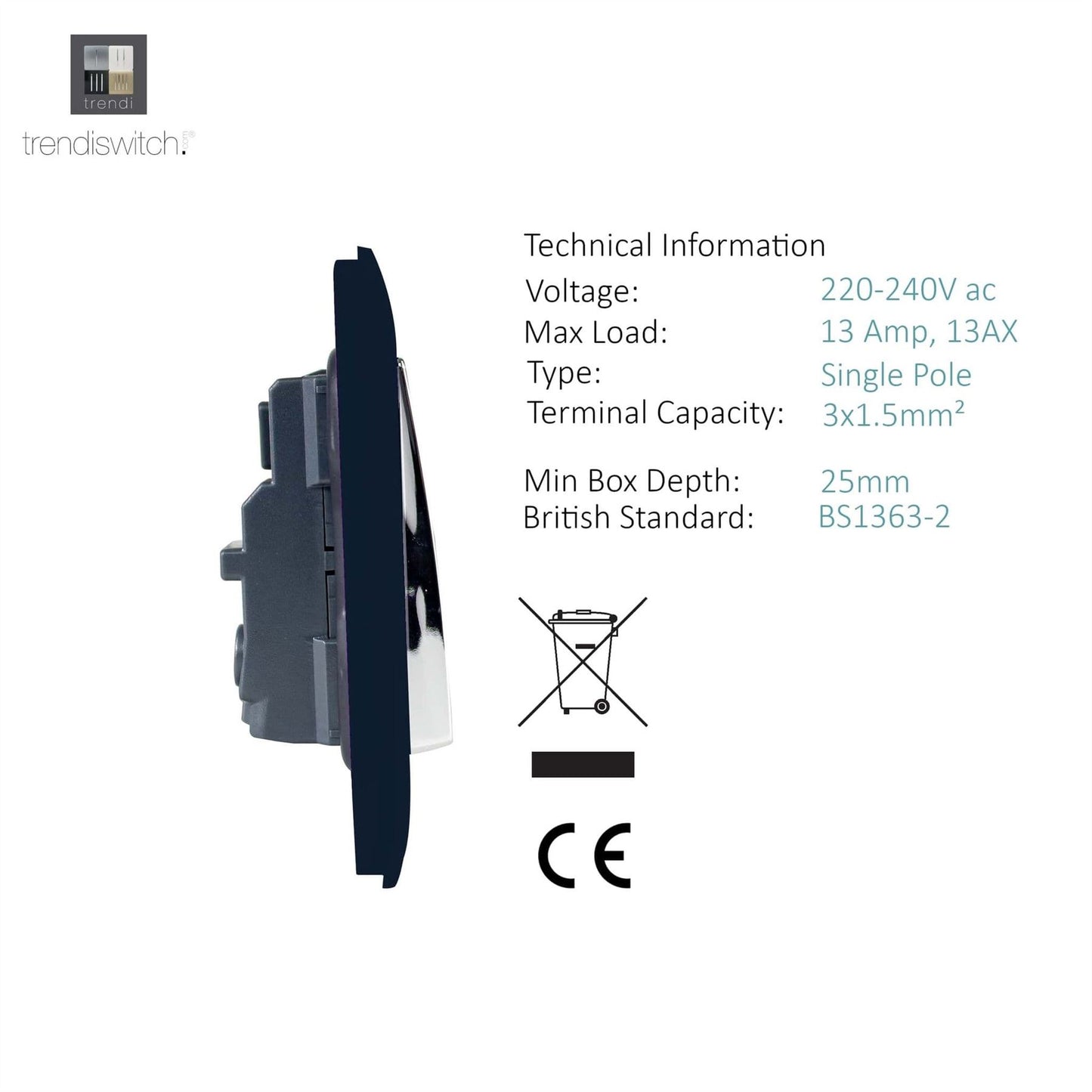 Trendi Switch 1 Gang 13 Amp Switched Plug Socketin Navy Blue