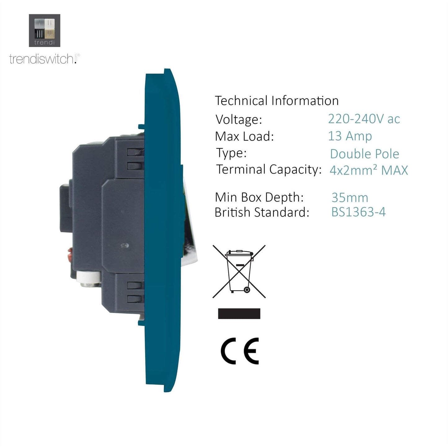 Trendi Switch 13 Amp Fused Spur with Flex Outletin Ocean Blue