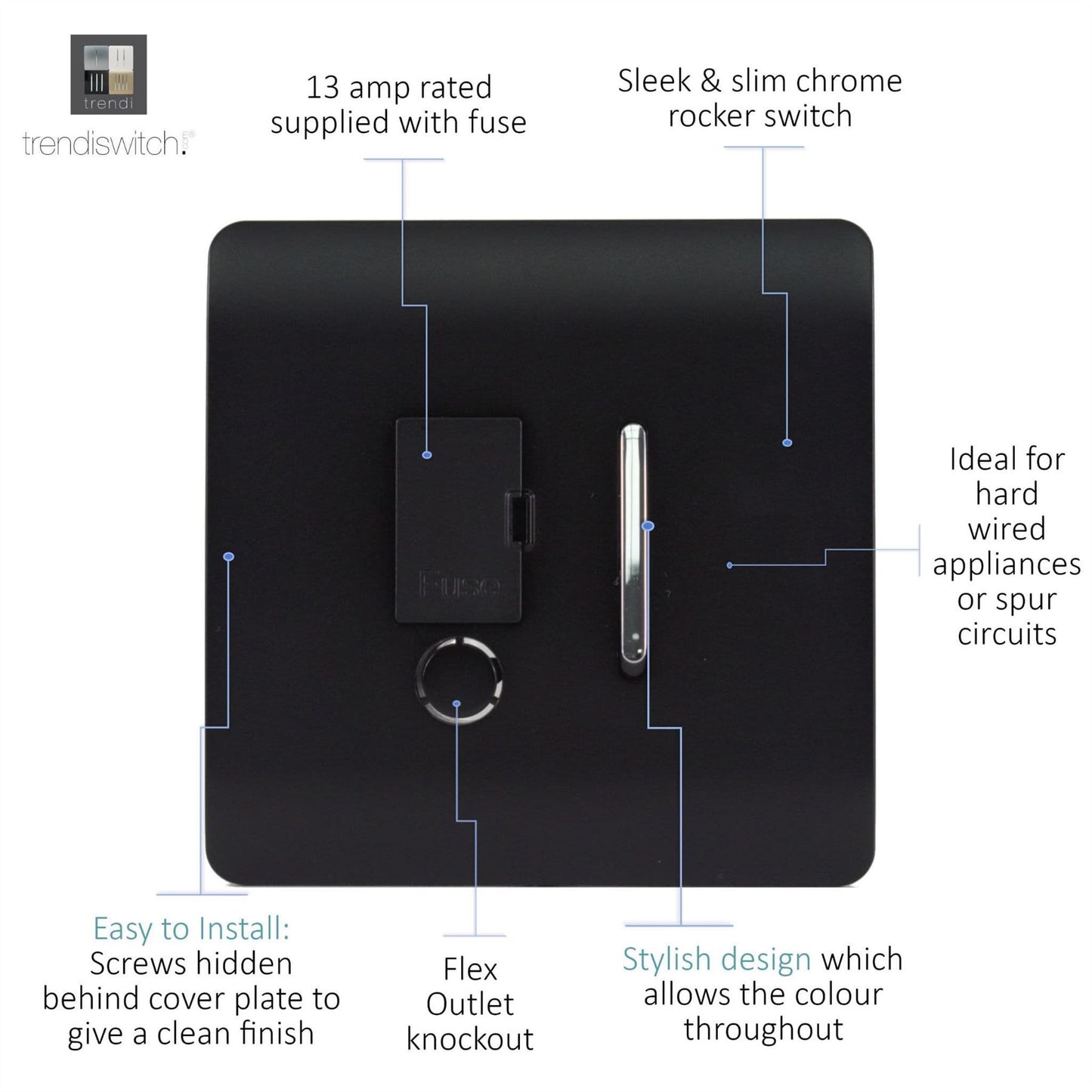 Trendi Switch 13 Amp Fused Spur with Flex Outletin Matt Black