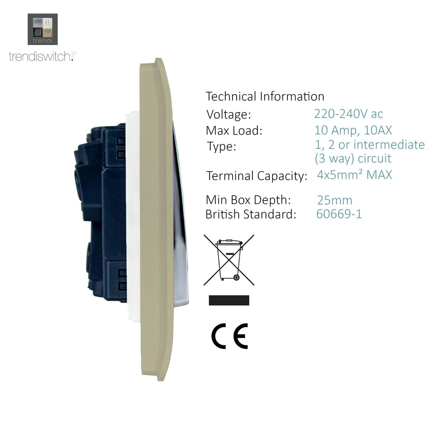 Trendi Switch 4 Gang Light Switch (3x 1 or 2 Way & 1 x Intermediate)in Champagne Gold
