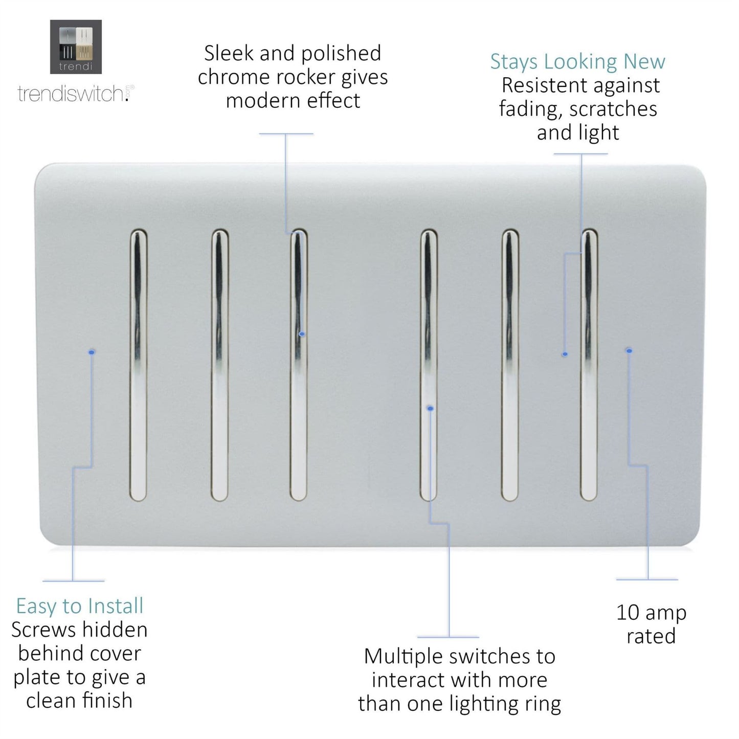 Trendi Switch 6 Gang 1 or 2 Way Light Switchin Platinum Silver