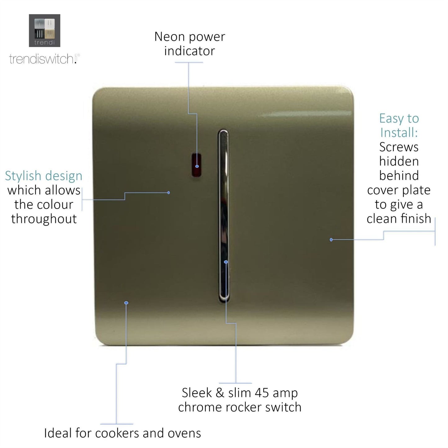 Trendi Switch 1 Gang 45 Amp Cooker Switch with Neonin Champagne Gold