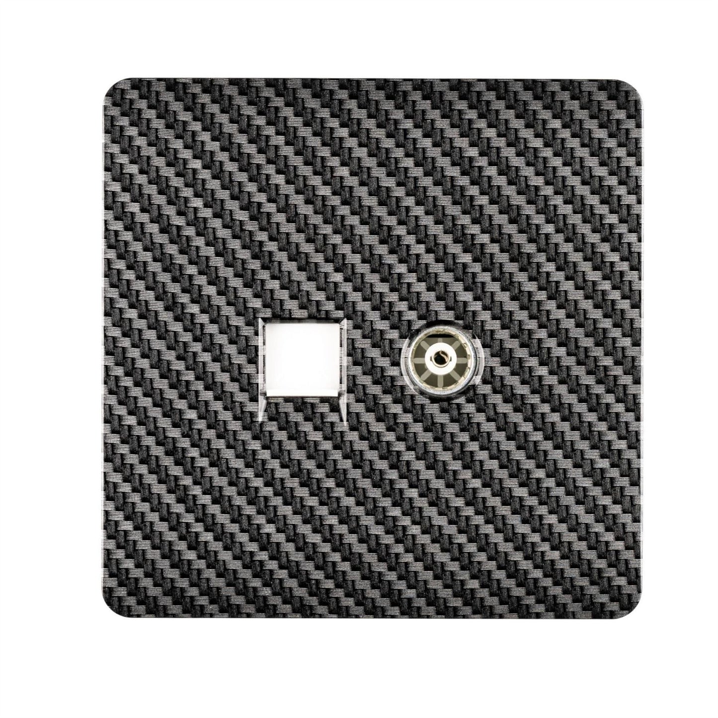 Trendi Switch 2 Gang TV Co-Axial & RJ45 Cat 6 Modern Designer PC Ethernet Socketsin Carbon Fibre