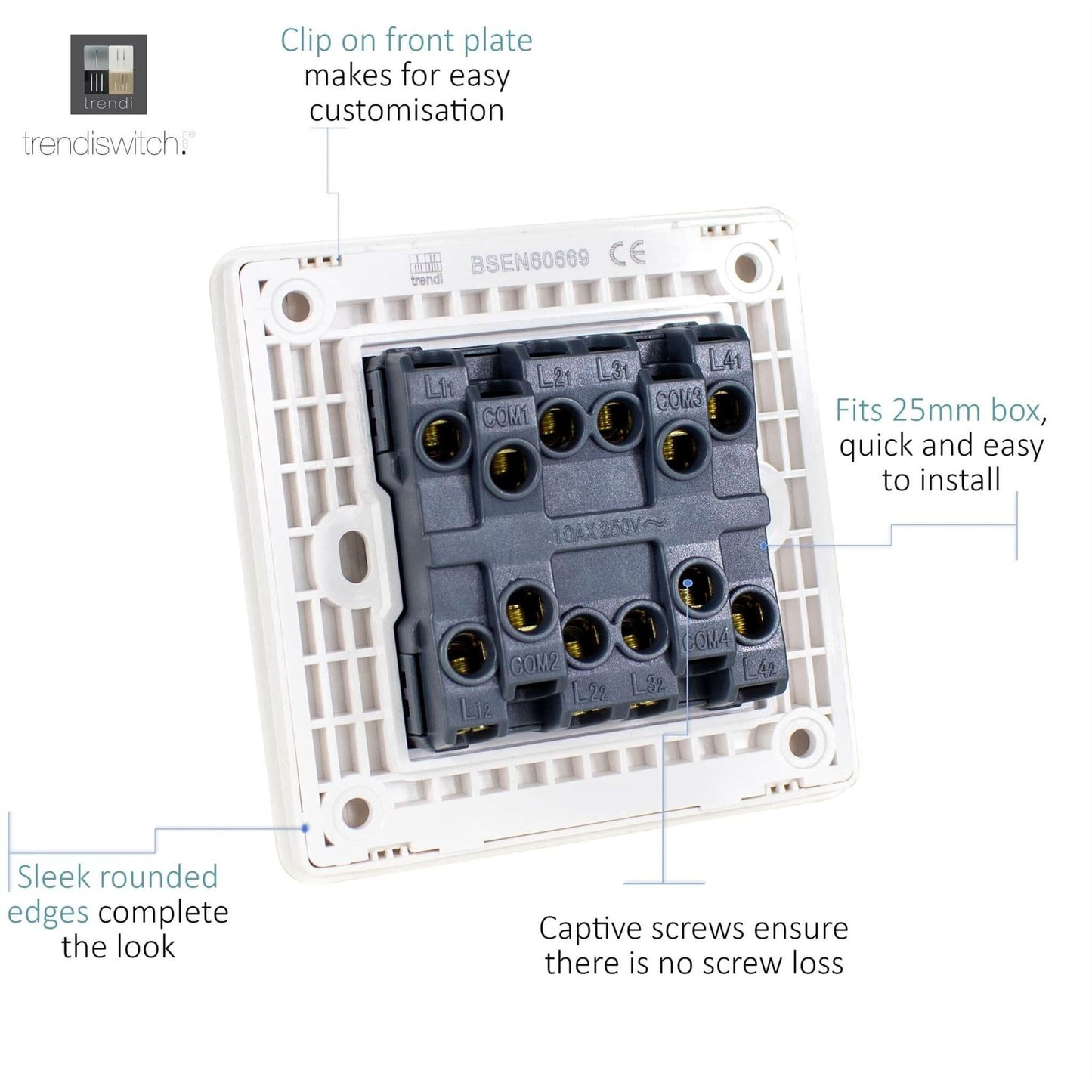 Trendi Switch 4 Gang 1 or 2 way Rocker Light Switchin Light Grey