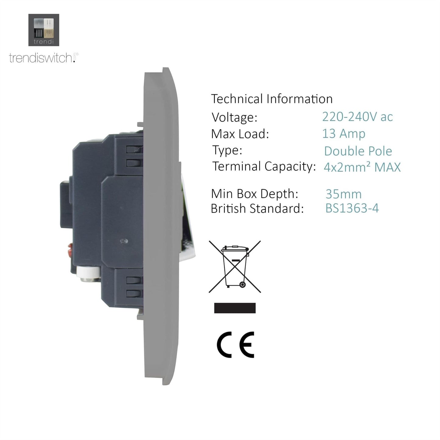 Trendi Switch 13 Amp Fused Spur with Flex Outletin Light Grey