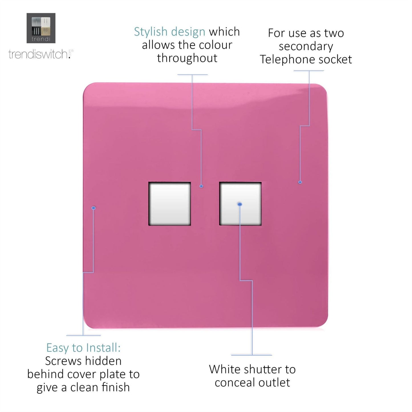 Trendi Switch 2 Gang Cat 3 Telephone Slave Socketin Candy Pink