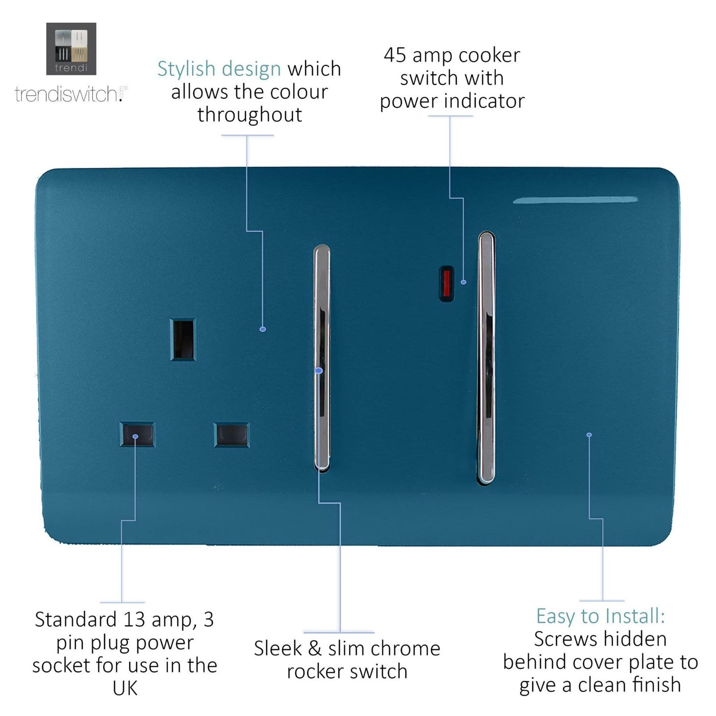 Trendi Switch 45 Amp Cooker Switch & 13 Amp Plug Socket with Neonin Midnight Blue