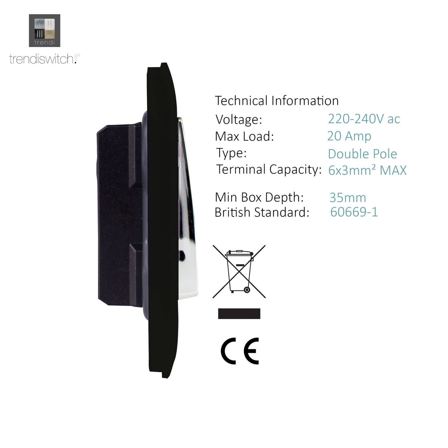 Trendi Switch 1 Gang 20 Amp Heavy Duty Rocker Switchin Carbon Fibre