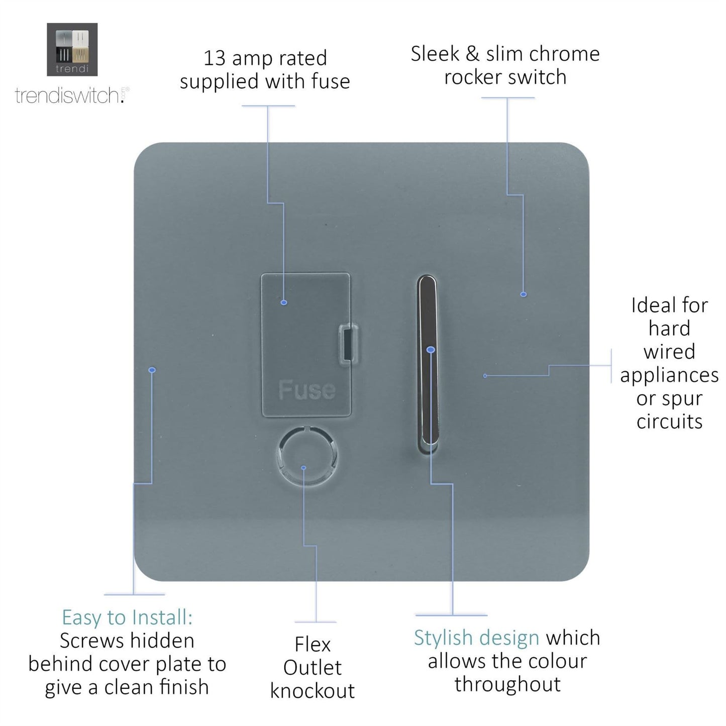 Trendi Switch 13 Amp Fused Spur with Flex Outletin Cool Grey