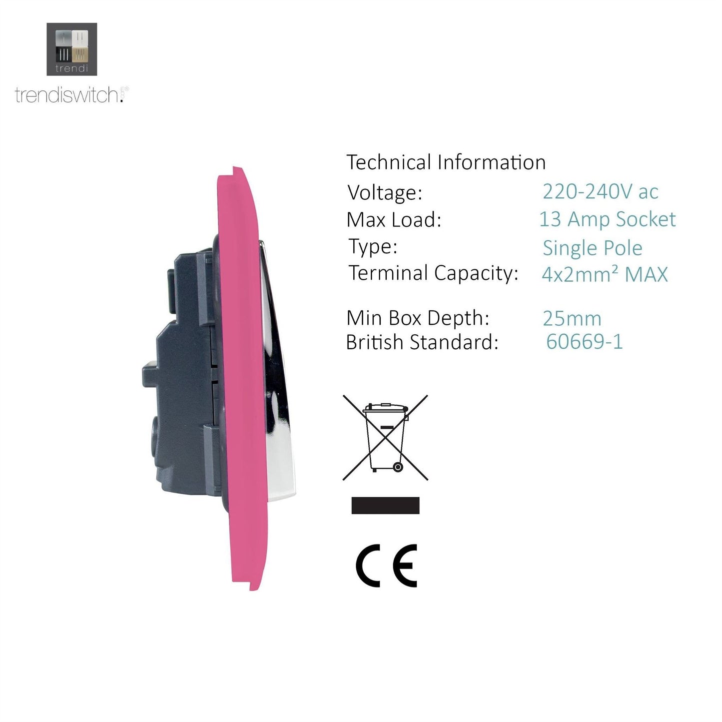 Trendi Switch 2 Gang Long Switched Plug Socketin Candy Pink