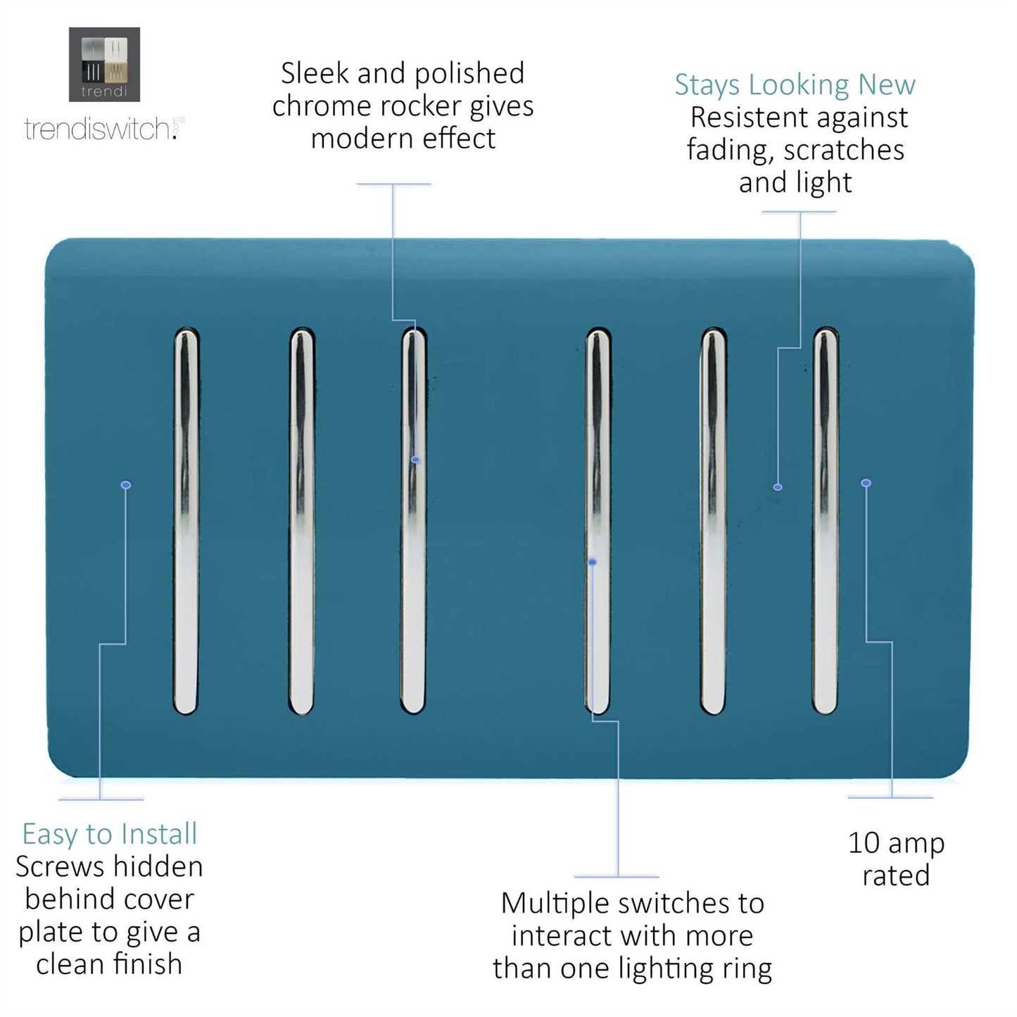 Trendi Switch 6 Gang 1 or 2 Way Light Switchin Ocean Blue