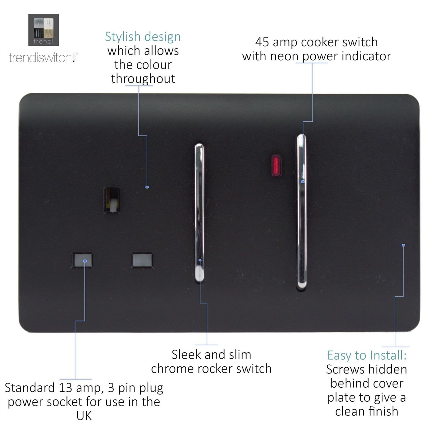 Trendi Switch 45 Amp Cooker Switch & 13 Amp Plug Socket with Neonin Matt Black