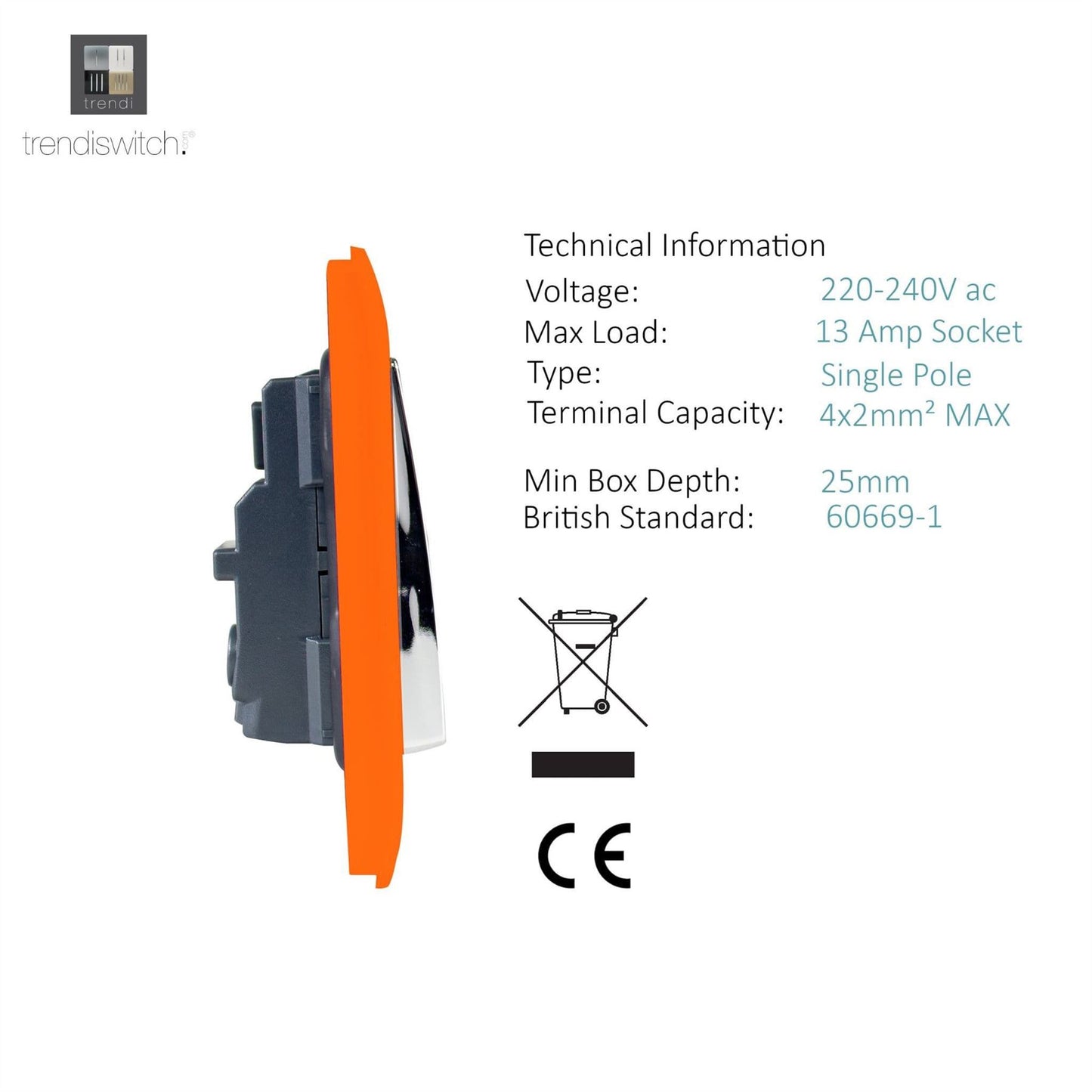 Trendi Switch 2 Gang Long Switched Plug Socketin Sunset Orange