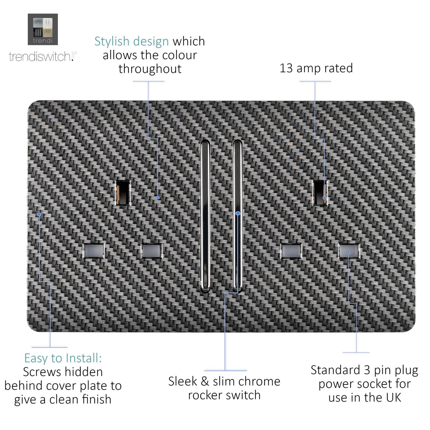 Trendi Switch 2 Gang Long Switched Plug Socketin Carbon Fibre