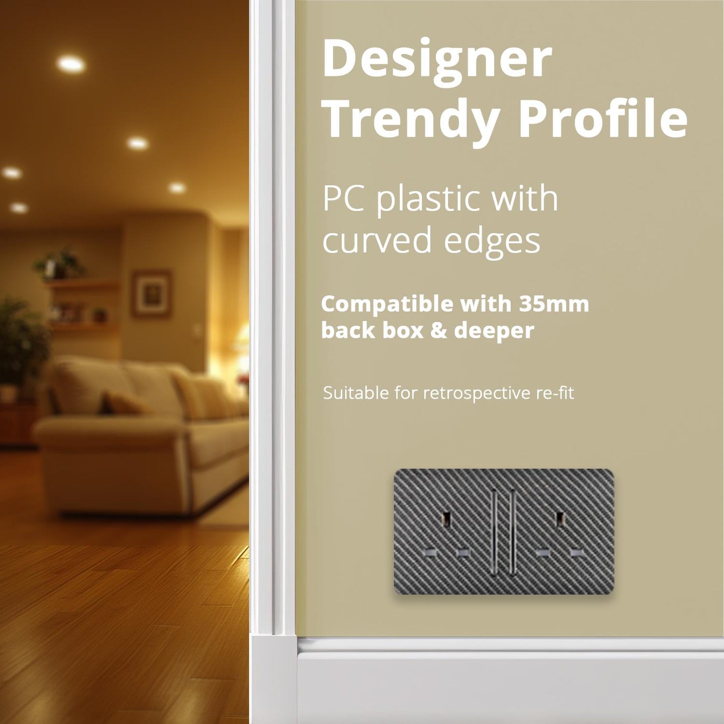Trendi Switch 2 Gang Long Switched Plug Socketin Carbon Fibre