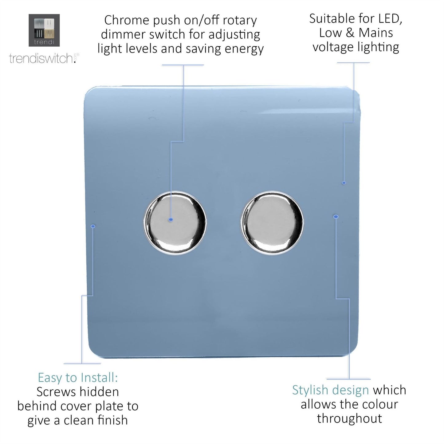 Trendi 2 Gang 2 Way 240V 100w LED Dimmer Screwless Raised Front Plate Plastic Artistic Modern Glossy 10 Amp Chrome Single Electrical Wall Light Switch in Sky Blue - ART-2LDMSK