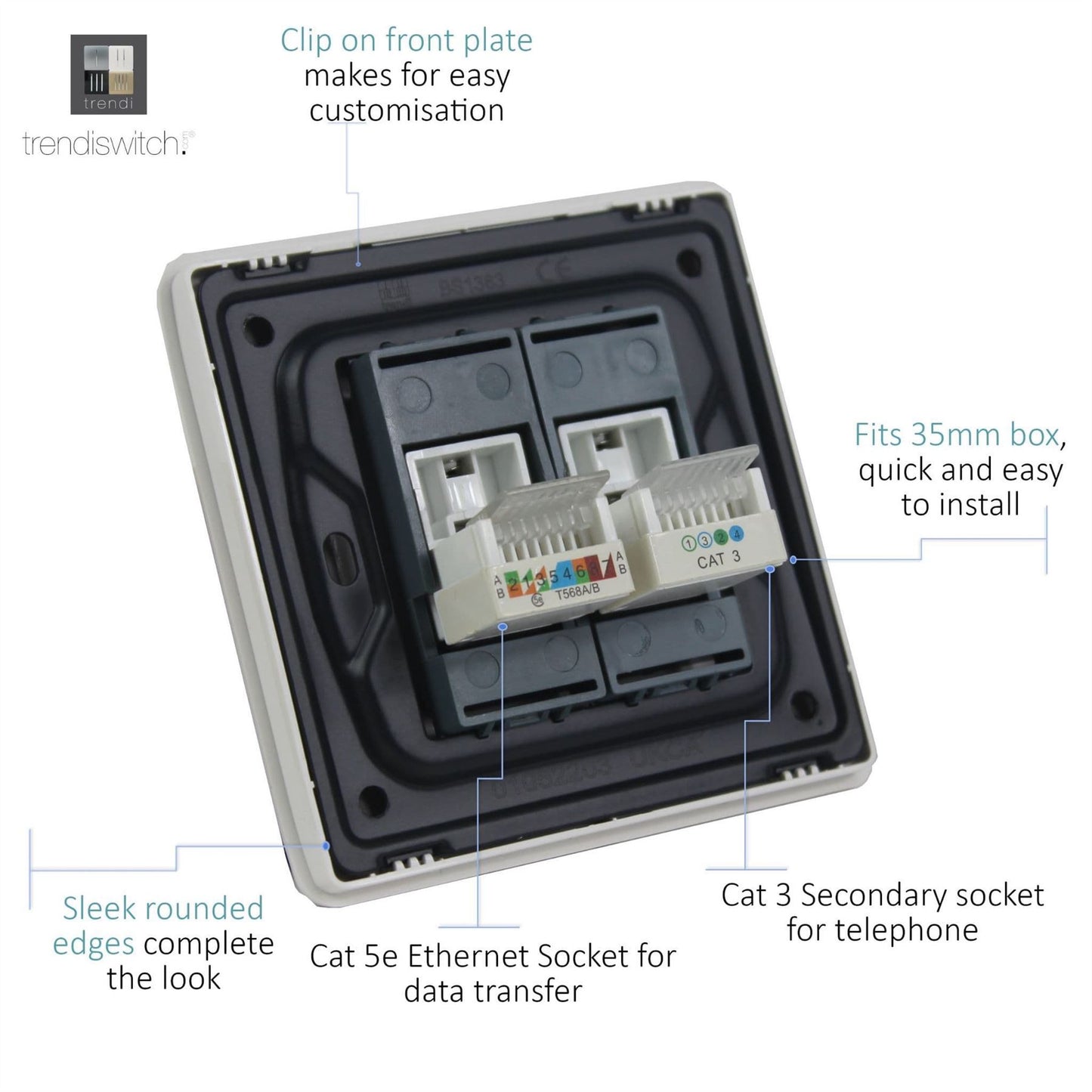 Trendi Switch 2 Gang RJ45 Cat 5e PC Ethernet & Telephone Slave Sockets in Warm Grey
