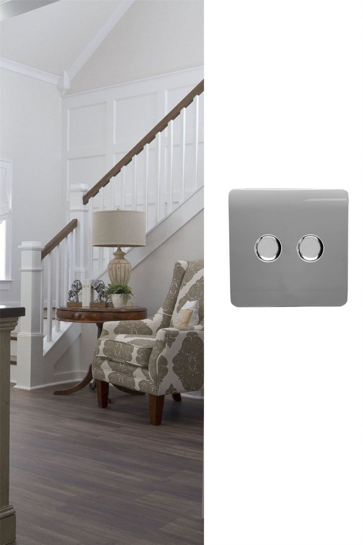 Trendi Switch 2 Gang 1 or 2 way 150w Rotary LED Dimmer Light Switchin Light Grey