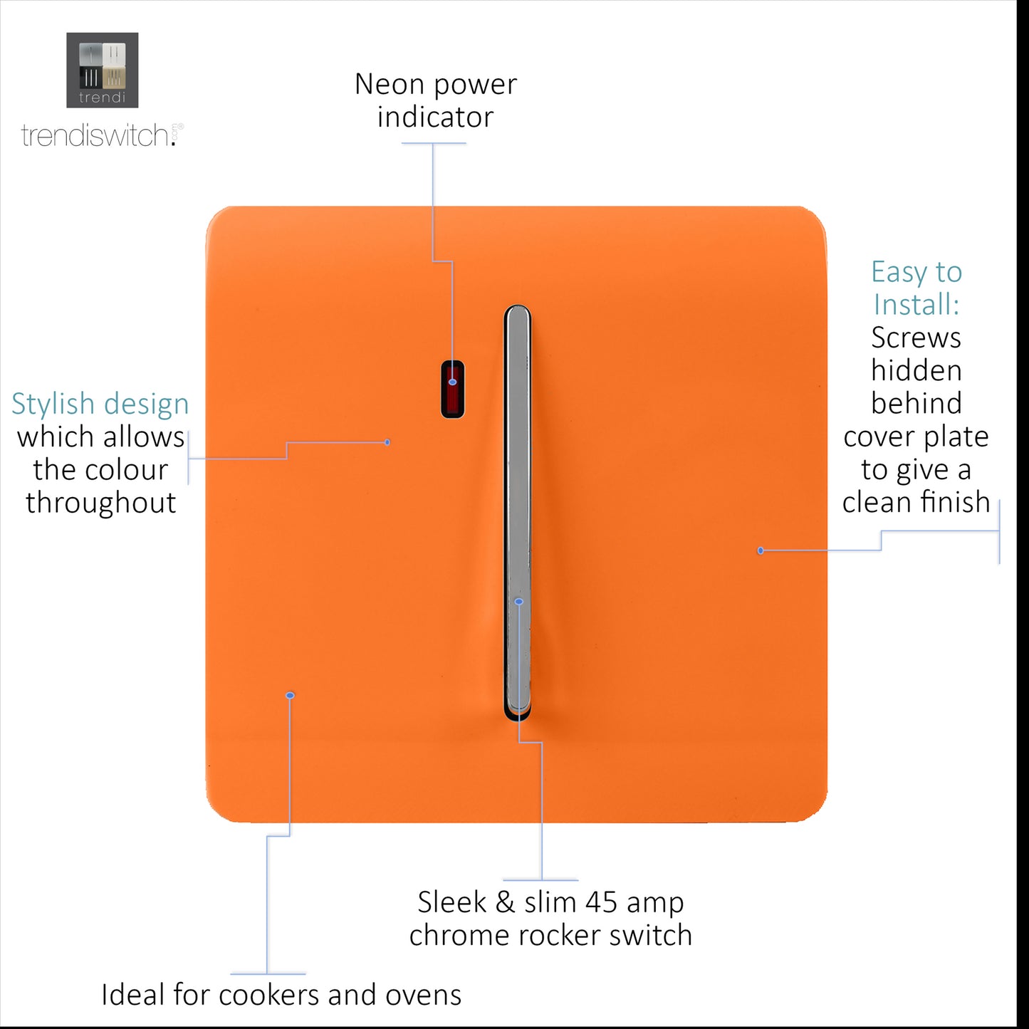Trendi Switch 1 Gang 45 Amp Cooker Switch with Neonin Sunset Orange