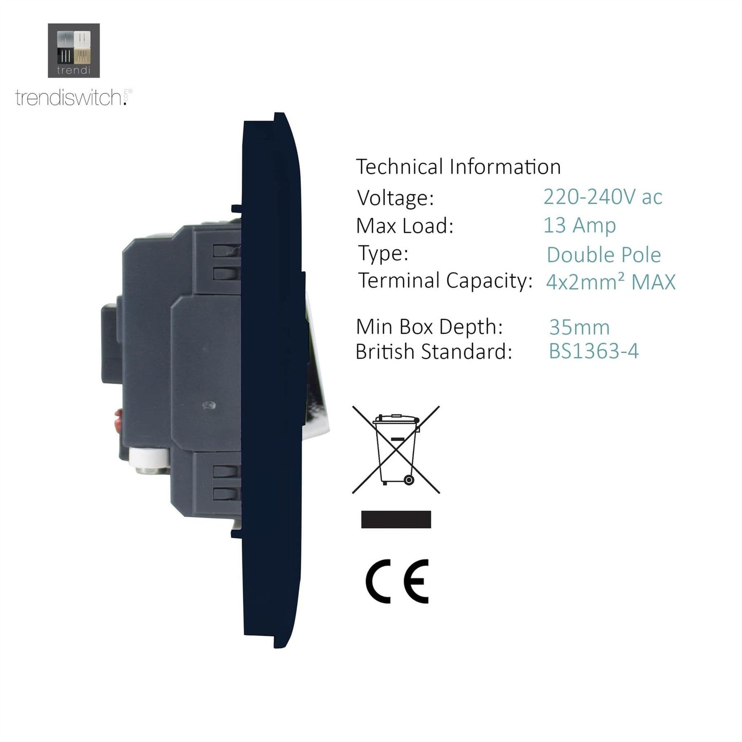 Trendi Switch 13 Amp Fused Spur with Flex Outletin Navy Blue
