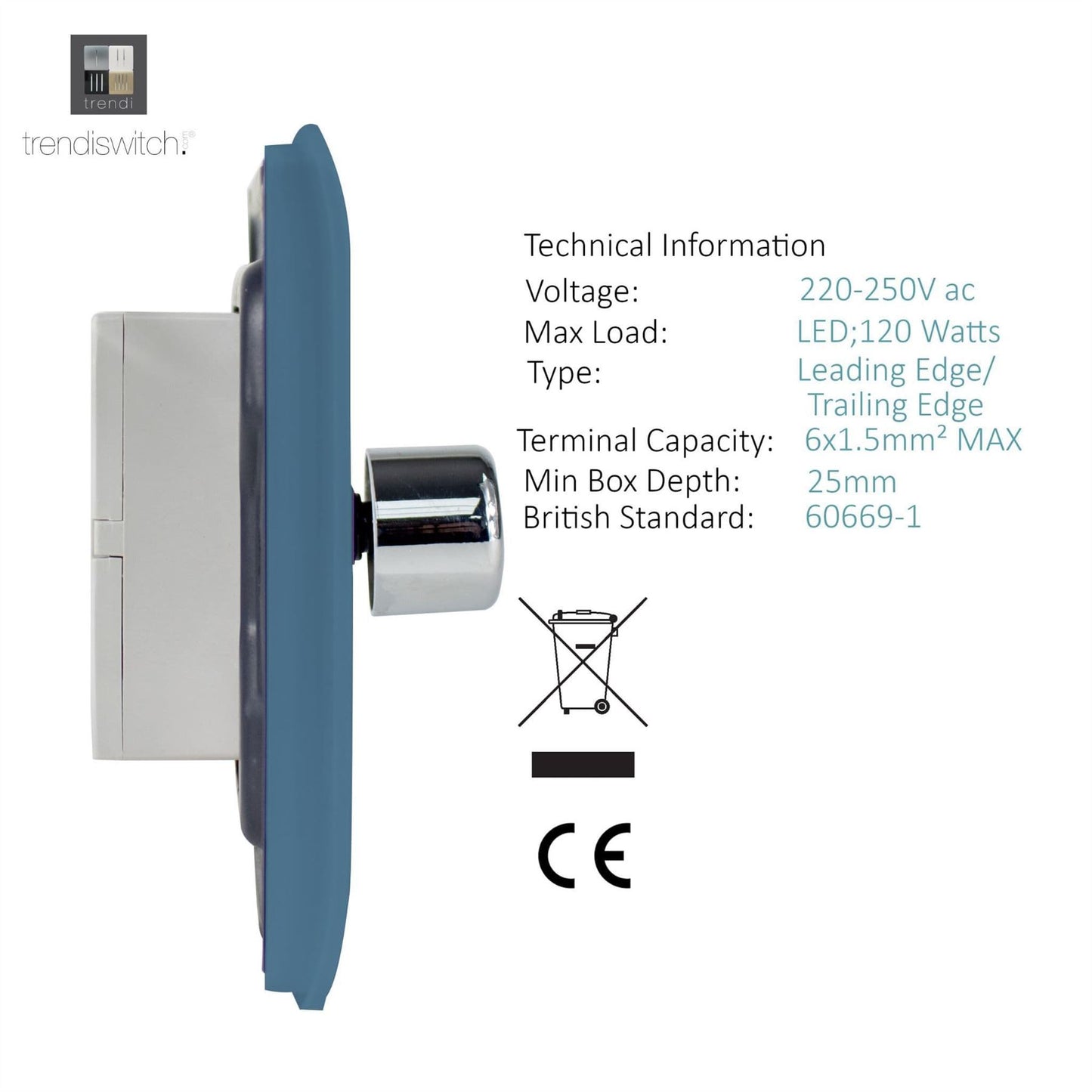 Trendi 1 Gang 2 Way 240V 100w LED Dimmer Screwless Raised Front Plate Plastic Artistic Modern Glossy 10 Amp Chrome Single Electrical Wall Light Switch in Sky Blue - ART-LDMSK