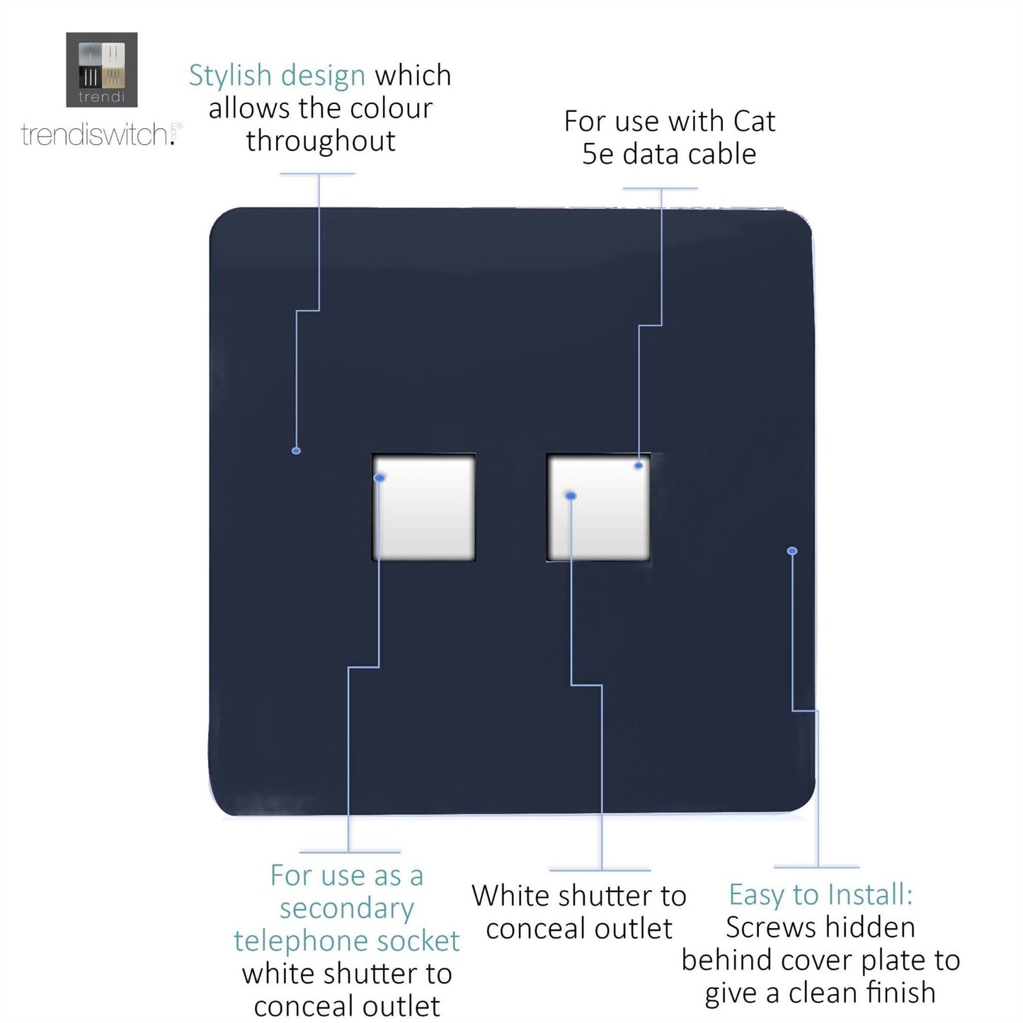 Trendi Switch 2 Gang RJ45 Cat 5e PC Ethernet & Telephone Slave Socketsin Navy Blue