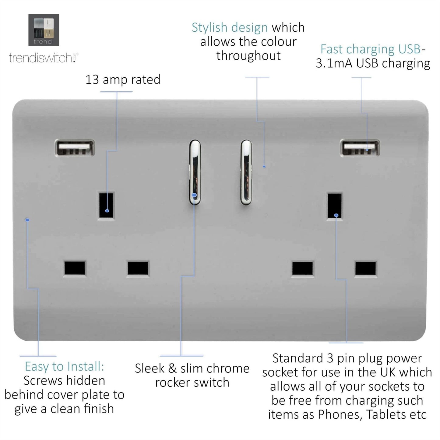 Trendi Switch 2 Gang USB 3100mA Plug Socketin Brushed Steel