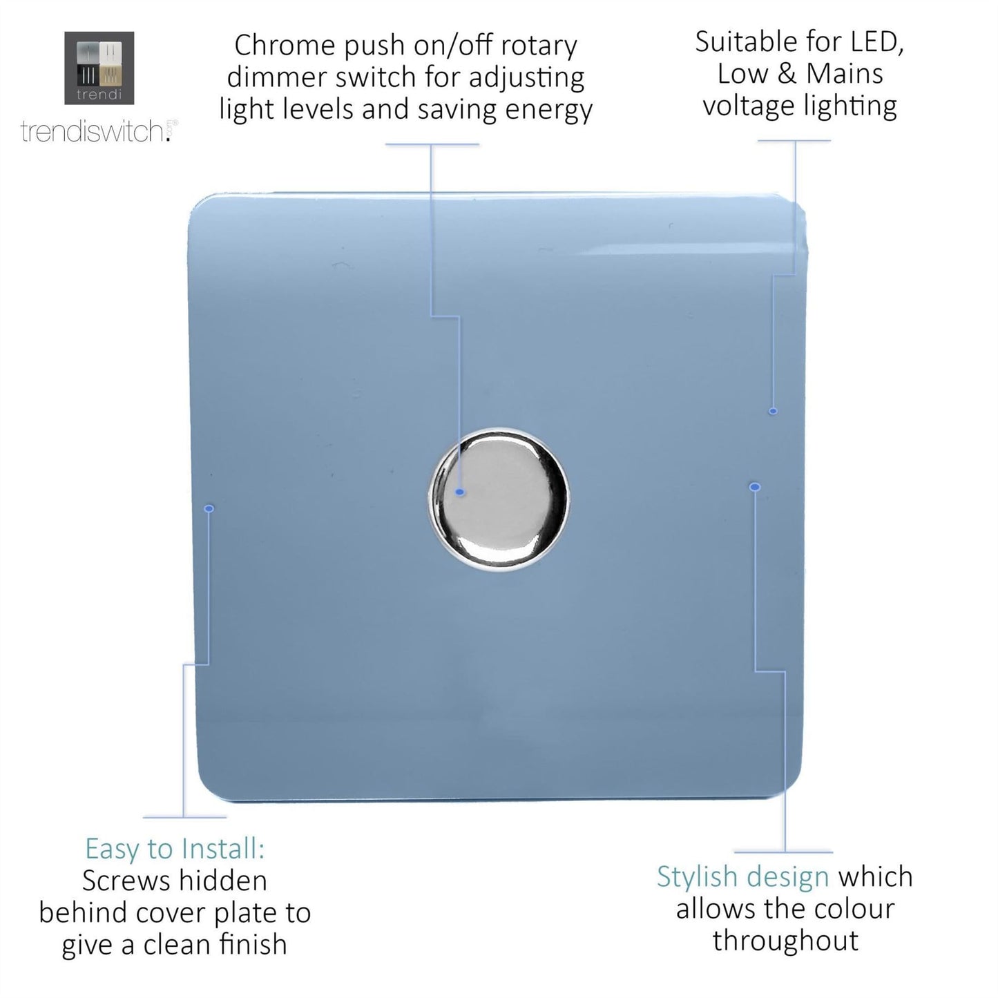 Trendi 1 Gang 2 Way 240V 100w LED Dimmer Screwless Raised Front Plate Plastic Artistic Modern Glossy 10 Amp Chrome Single Electrical Wall Light Switch in Sky Blue - ART-LDMSK