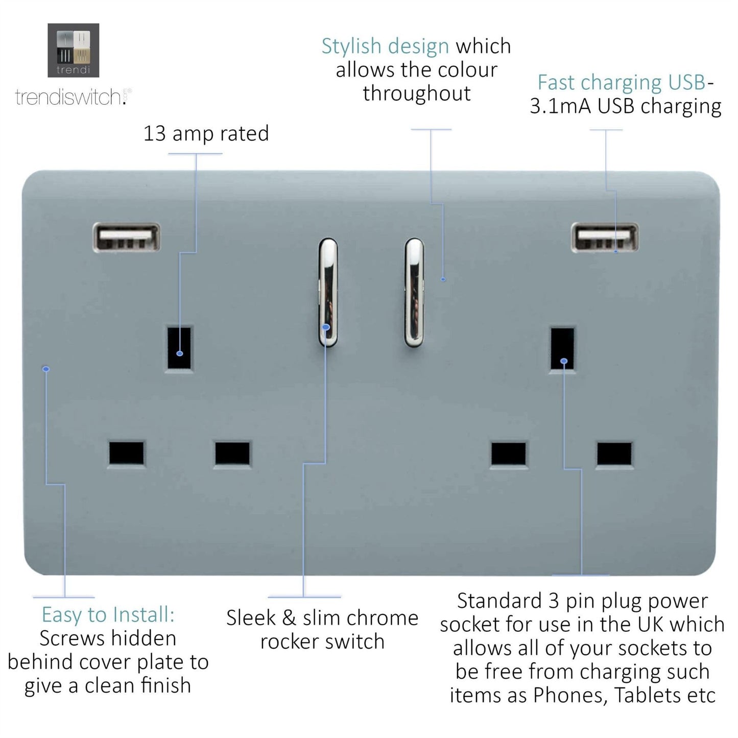 Trendi Switch 2 Gang USB 3100mA Plug Socketin Cool Grey